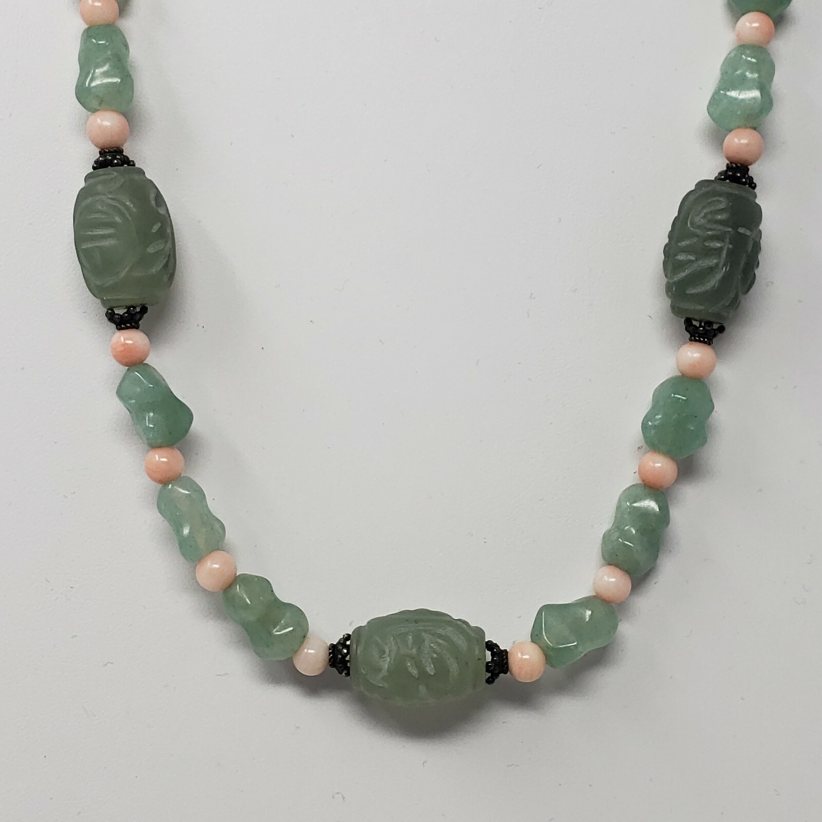 Carved Aventurine Rose Quartz Natural Stone Bead Necklace Asian Style Green Pink