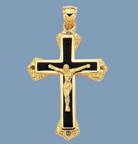 3D Mens SOLID Cross Crucifix with Black Onyx Real 14K Yellow Gold