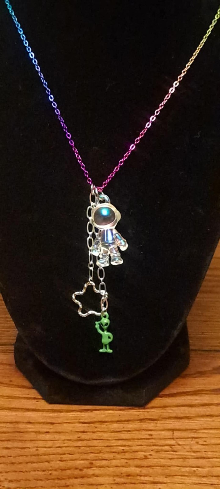 New Spacewalker necklace! Astronaut, alien & star on 16 inch multi color chain