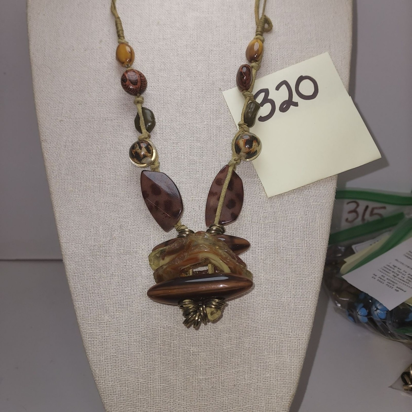 Handcrafted Bohemian Necklace With Earthy Beads Leather Cord & Unique Pendant 16