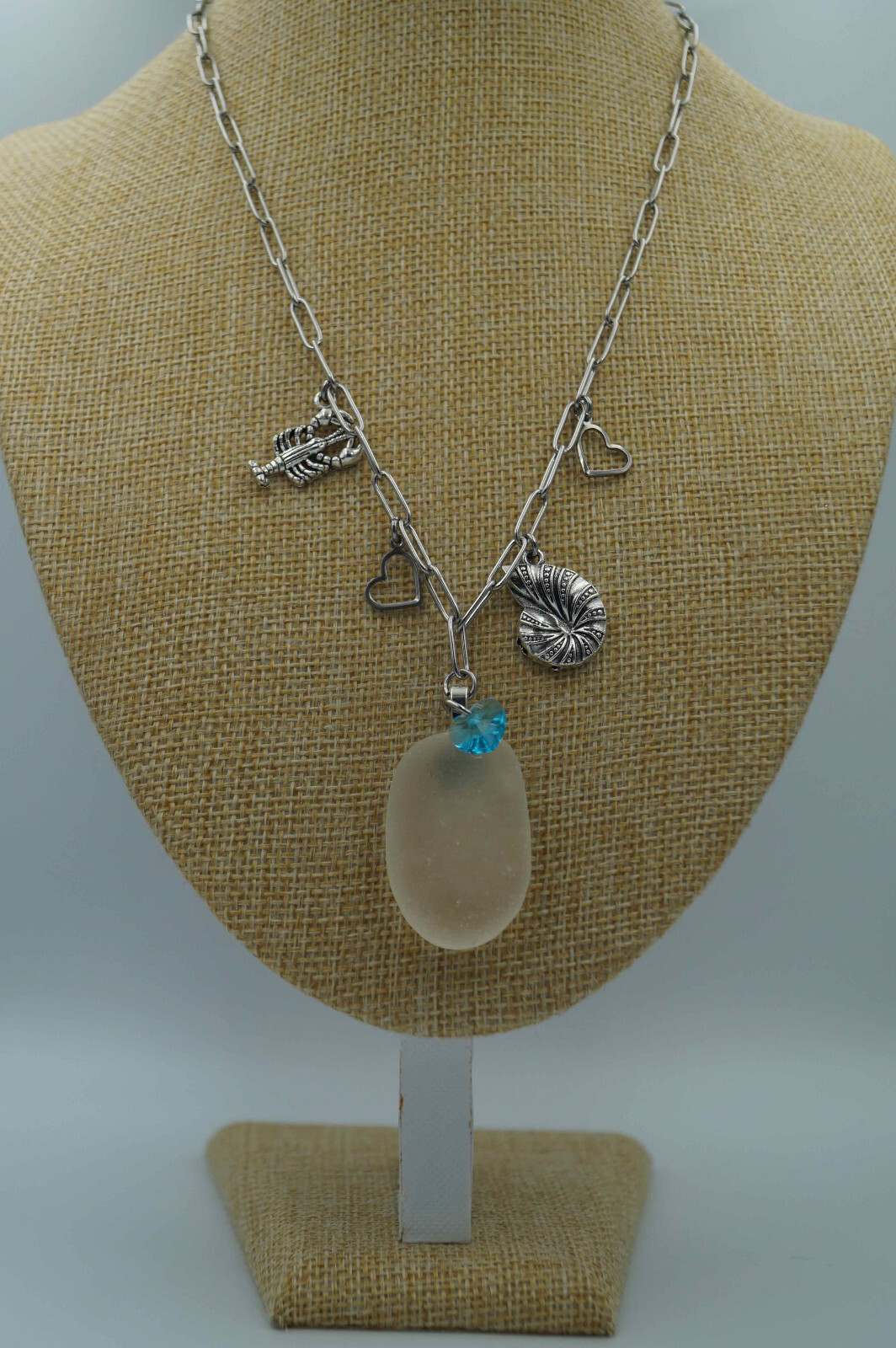 Sea Glass, Sea Charms & Heart Charms on Paperclip Stainless Steel Chain (P#123)