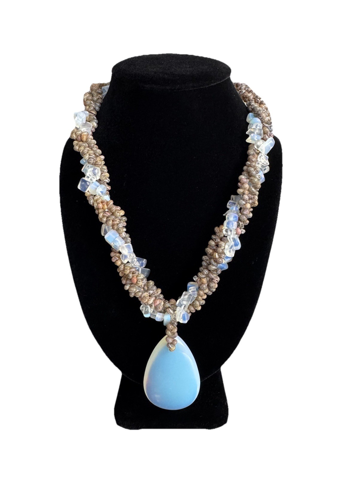 Vintage Opalescent Opalite & Shell Woven Multi-Strand Tear Drop Pendant Necklace
