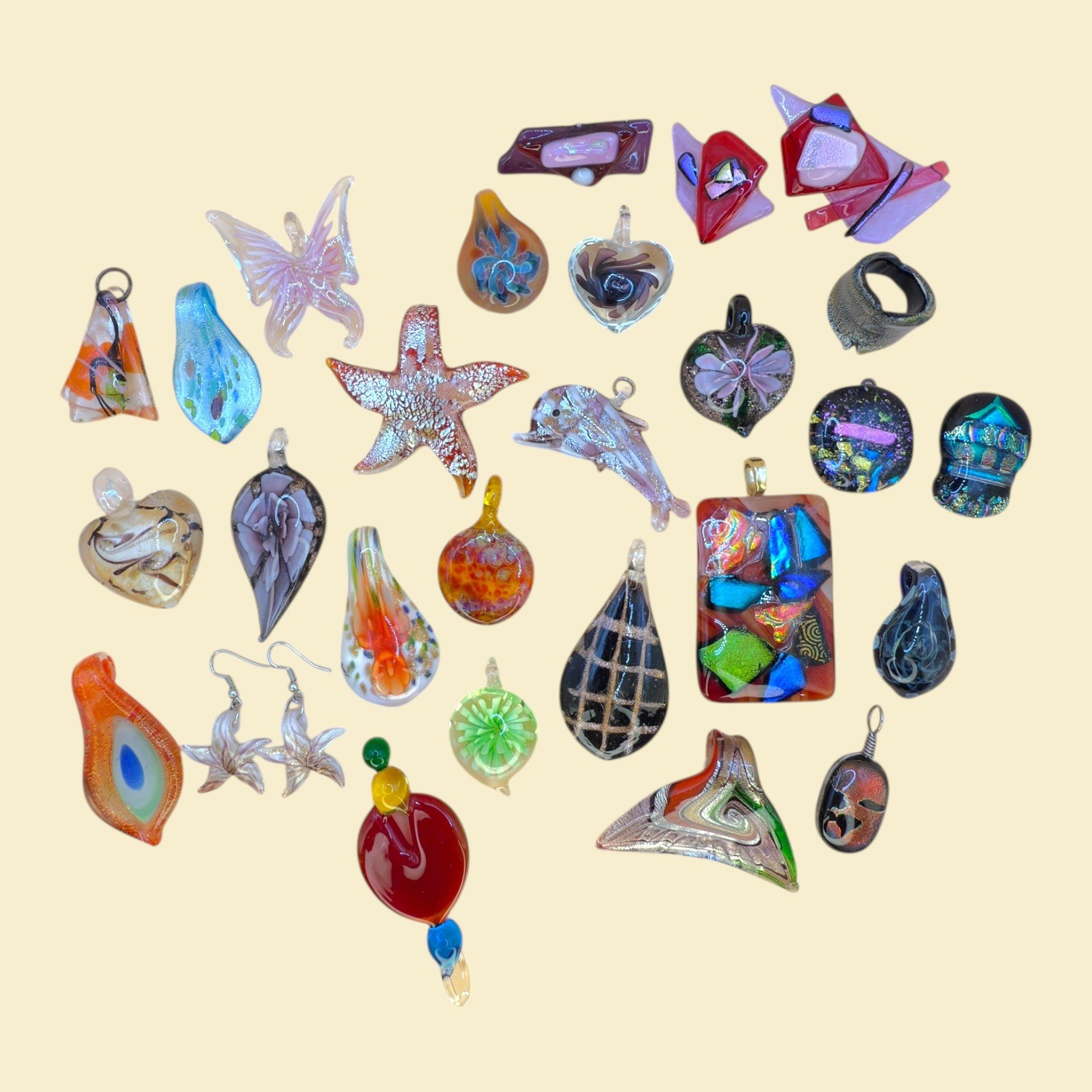 Lot of Art Glass Pendants, earrings, ring – Dichroic, Hearts, Stars, Abstract