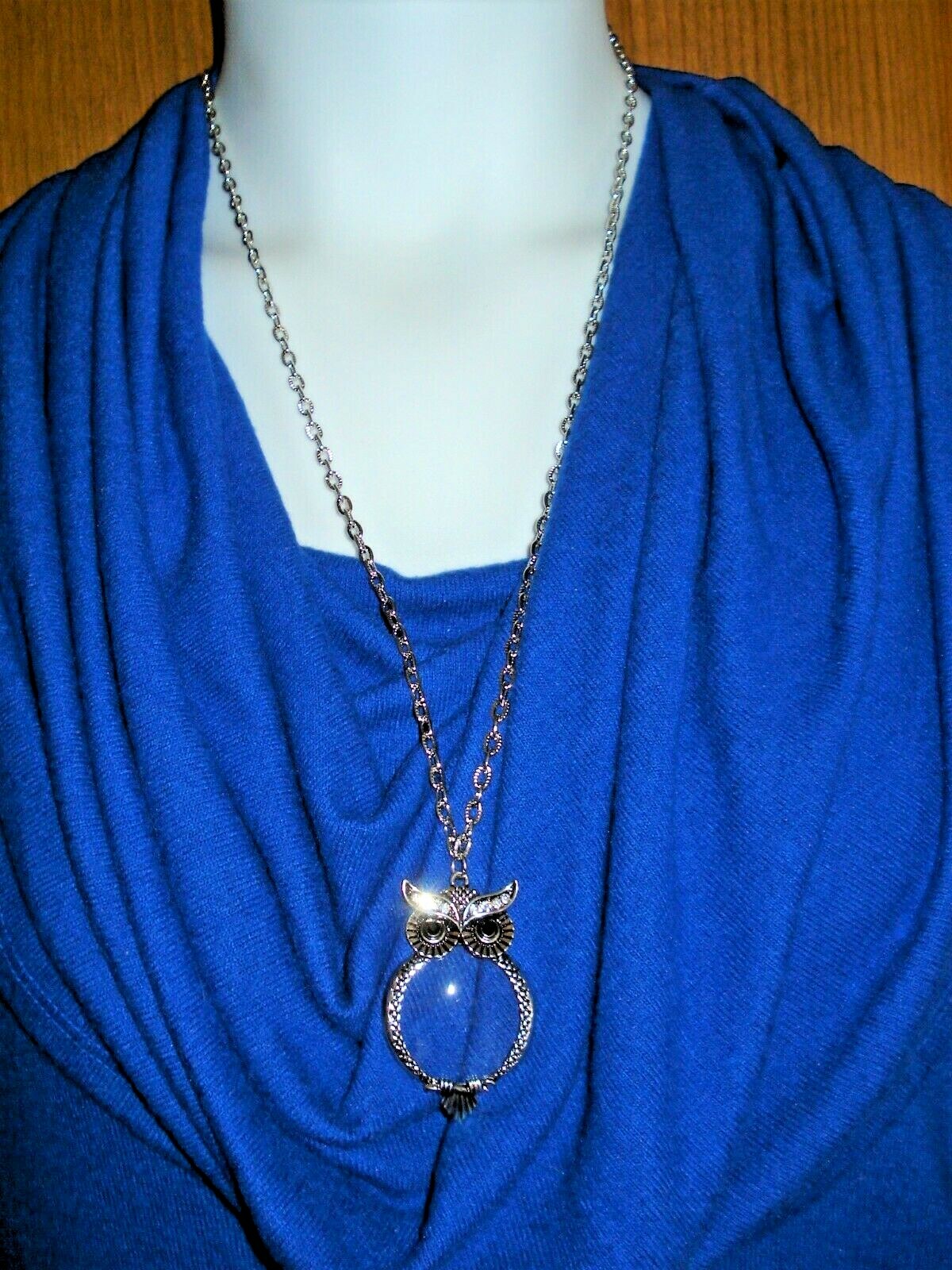 Magnifying Owl Pendant on a Silver Plated Textured 28″ Chain Necklace