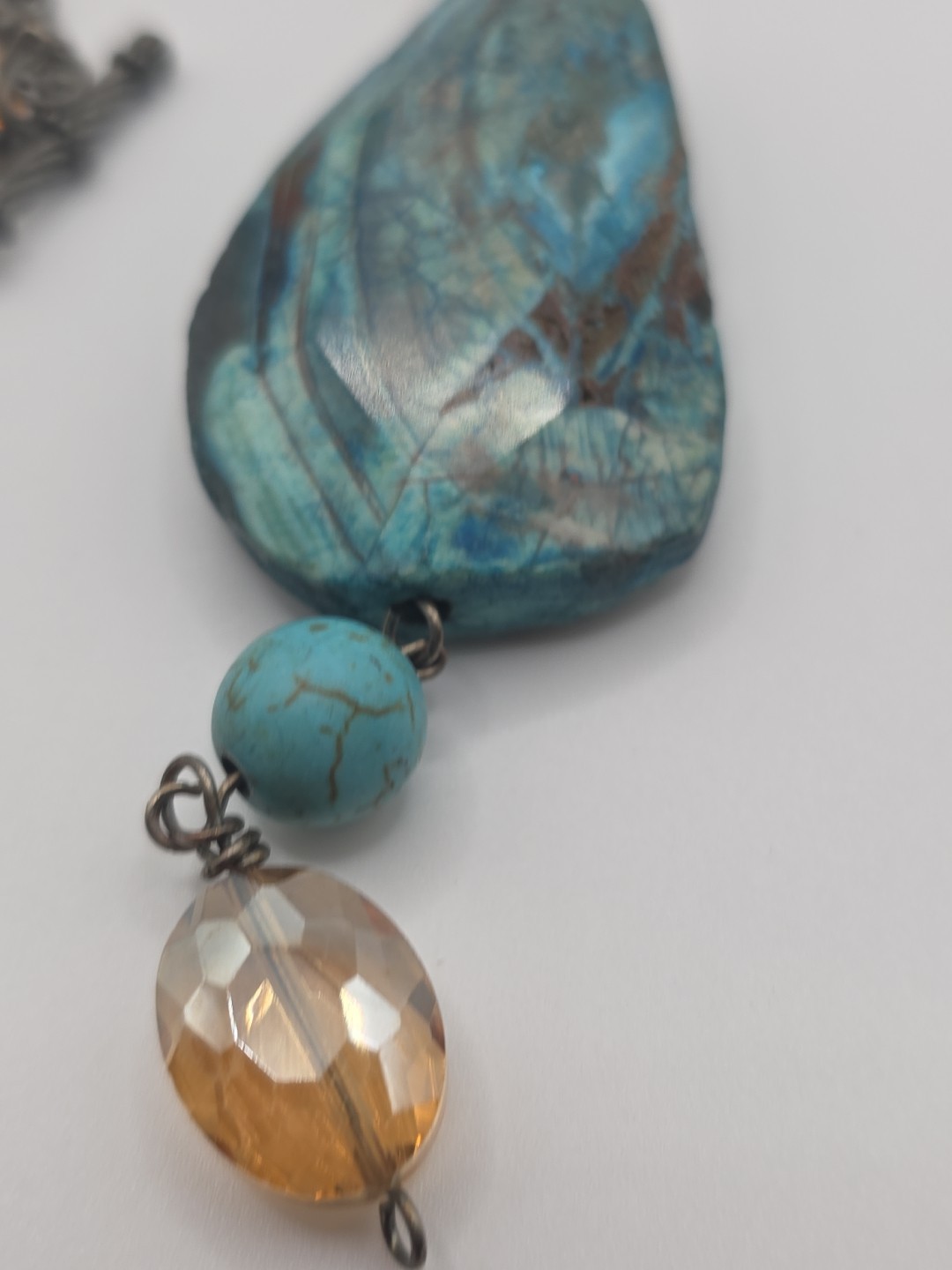 LongTurquoise Stone Pendant Necklace Amber Glass Beads Boho Artisan Style Toggle