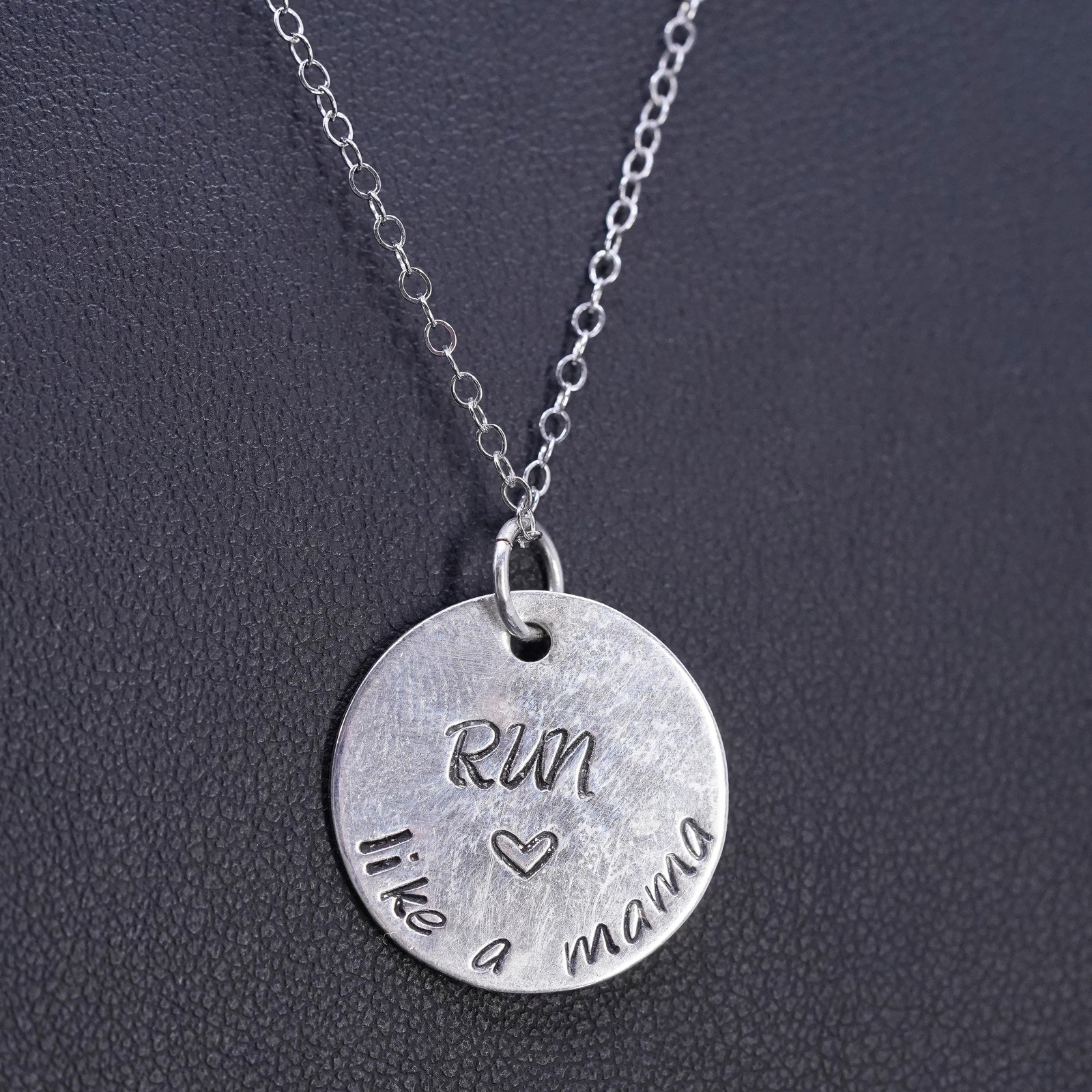 18” sterling silver 925 circle chain necklace with tag pendant Run like a mama