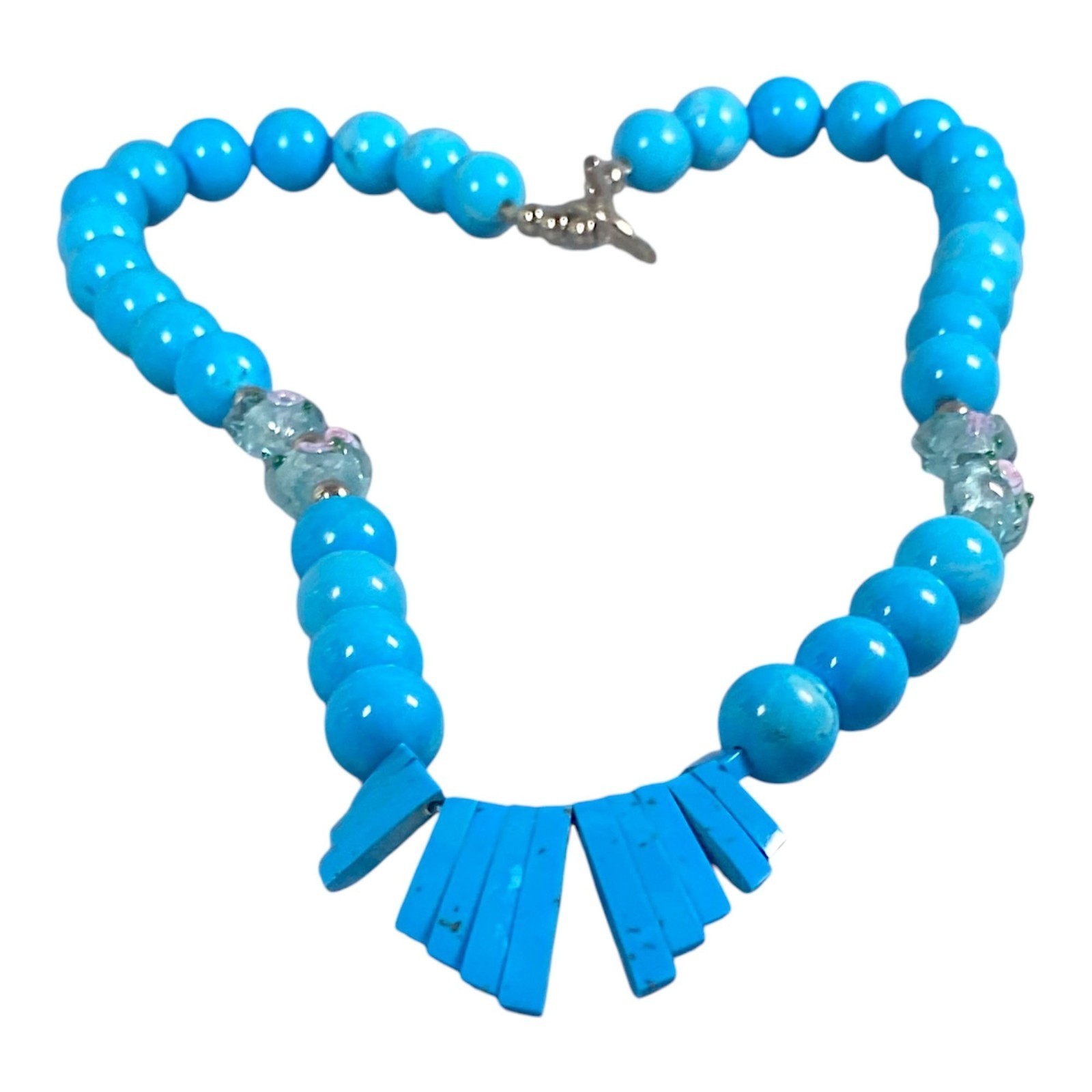 Wedding Cake Lampwork Beaded Necklace 22″ Blue Stone Murano Heart Beads Eclectic