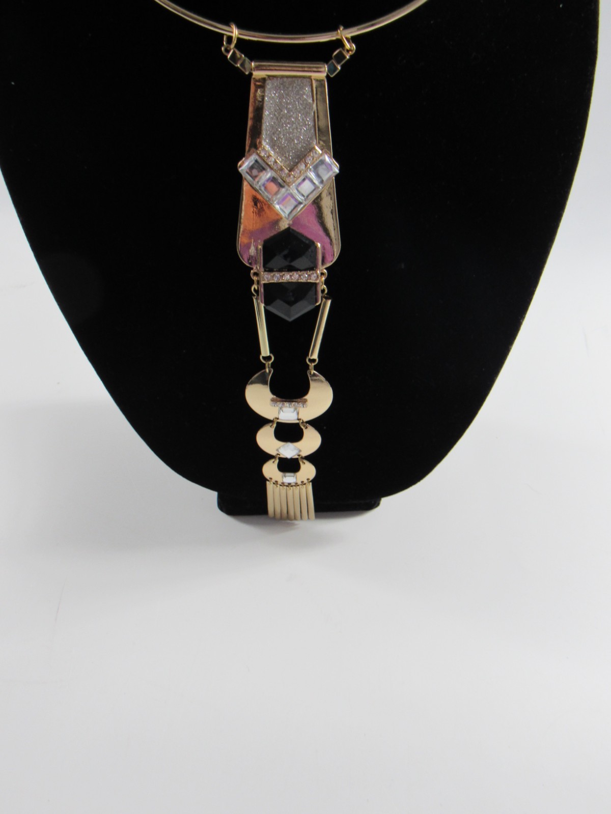 Vintage Necklace Boho Gold Tone Rhinestone Tribal Drop Fringe Black Crystal Bib