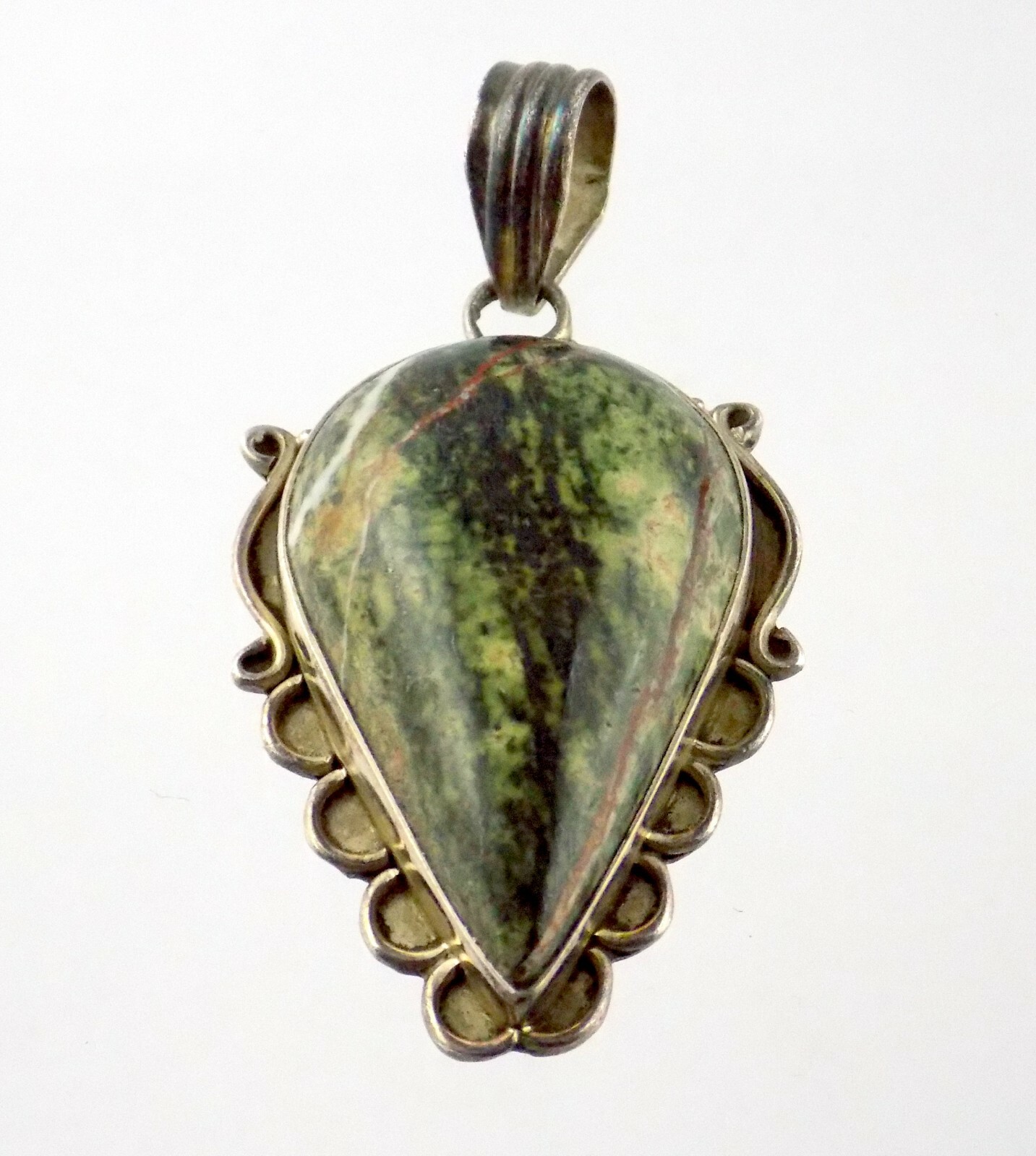 Unmarked Artisan Sterling Silver Green Variegated Jasper Pendant 15.7g