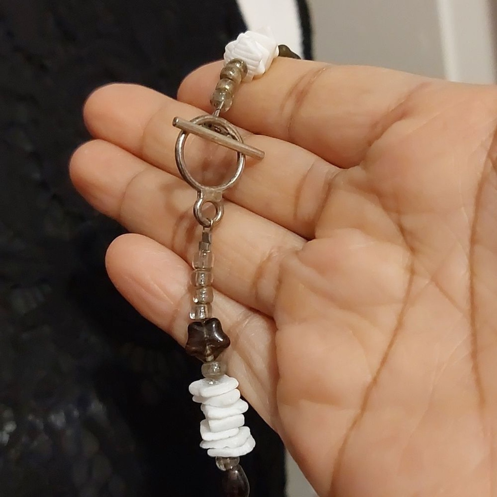 Carved Shell Tropical Island Pendant Long Beaded Necklace Toggle Clasp