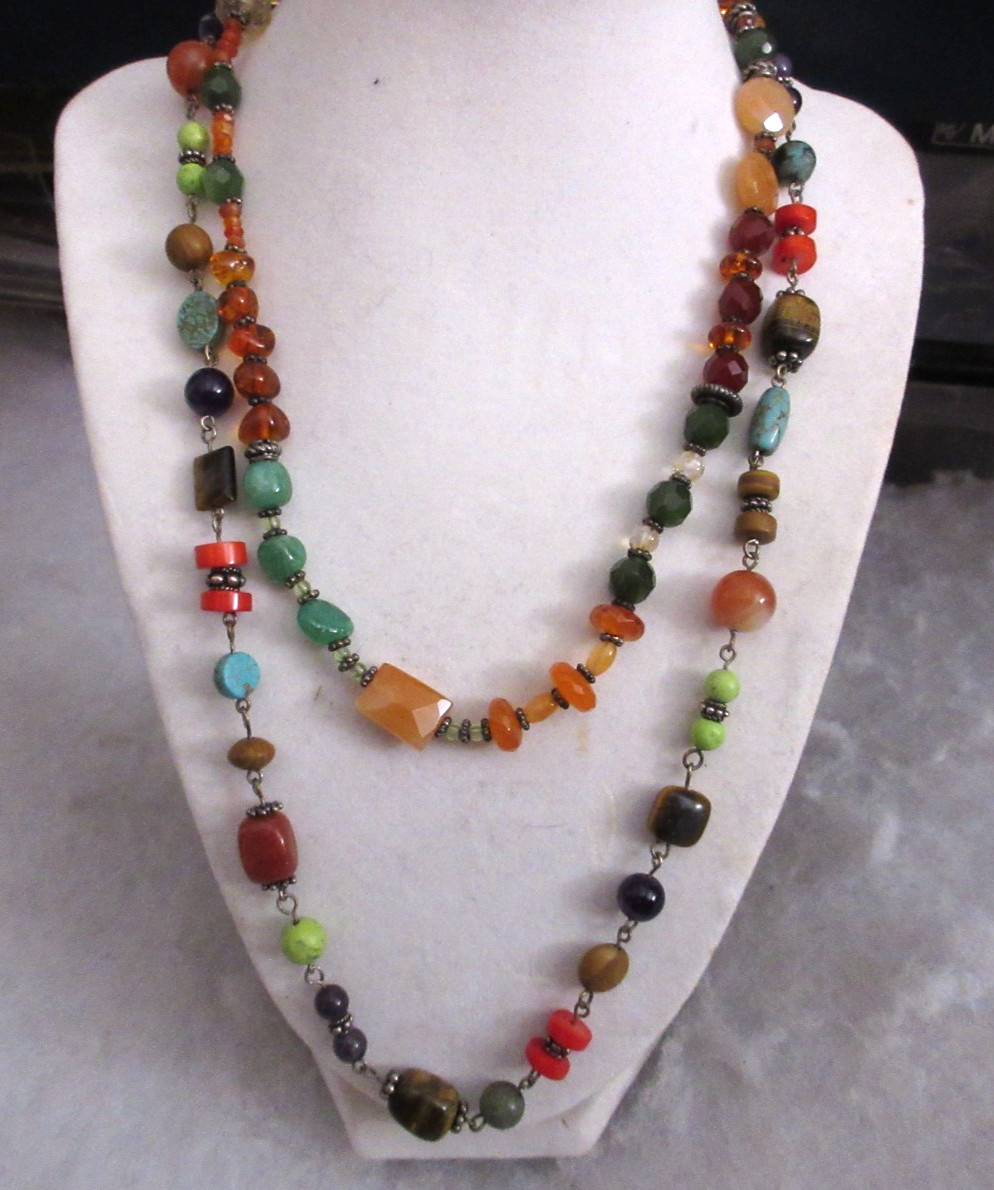 2 Ladies Gemstone Chip Necklace Multi Colored Quartz Agate Amethyst Shell