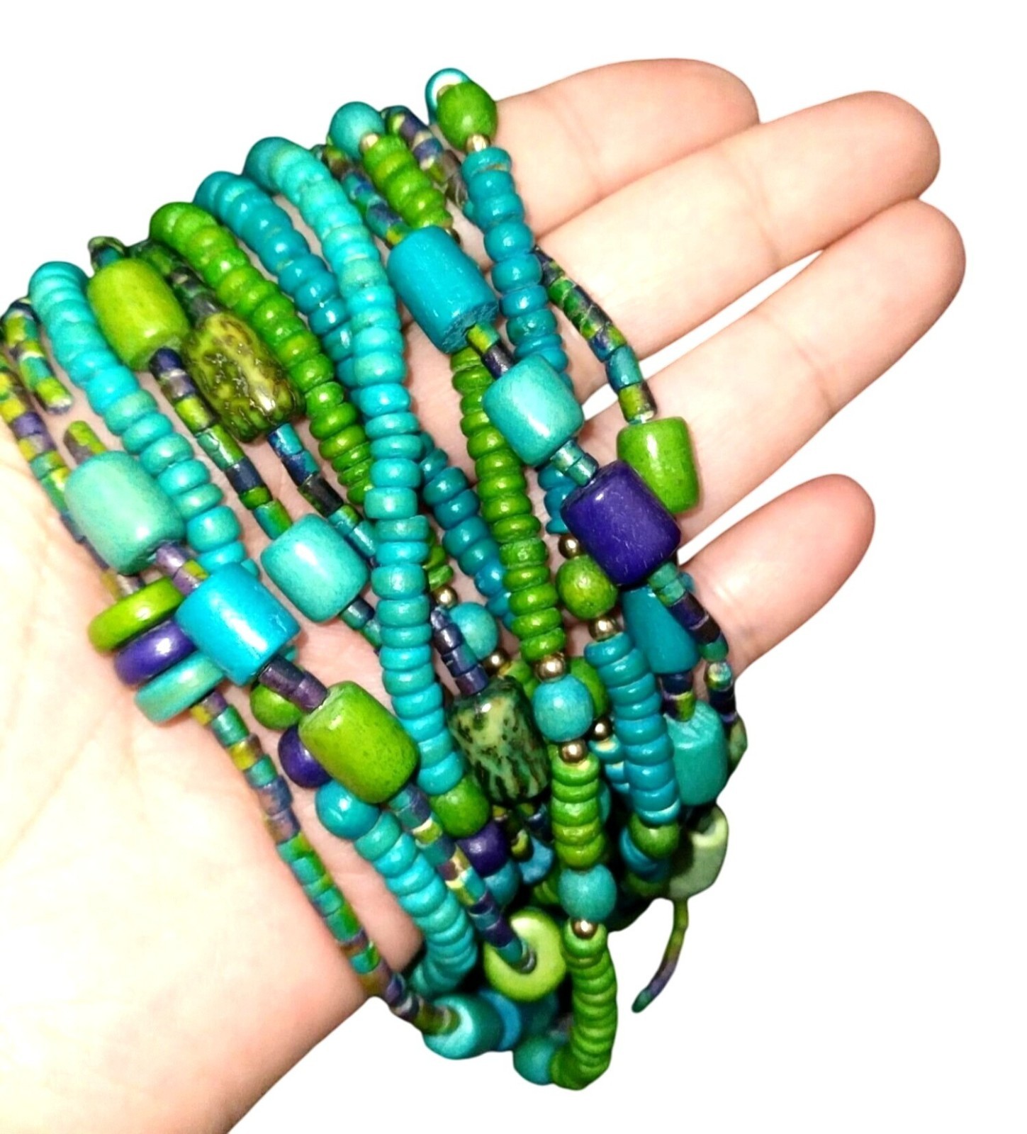 Vintage Wooden Beaded Multi-Layer Necklace W/ Lava Stone Accents Handmade