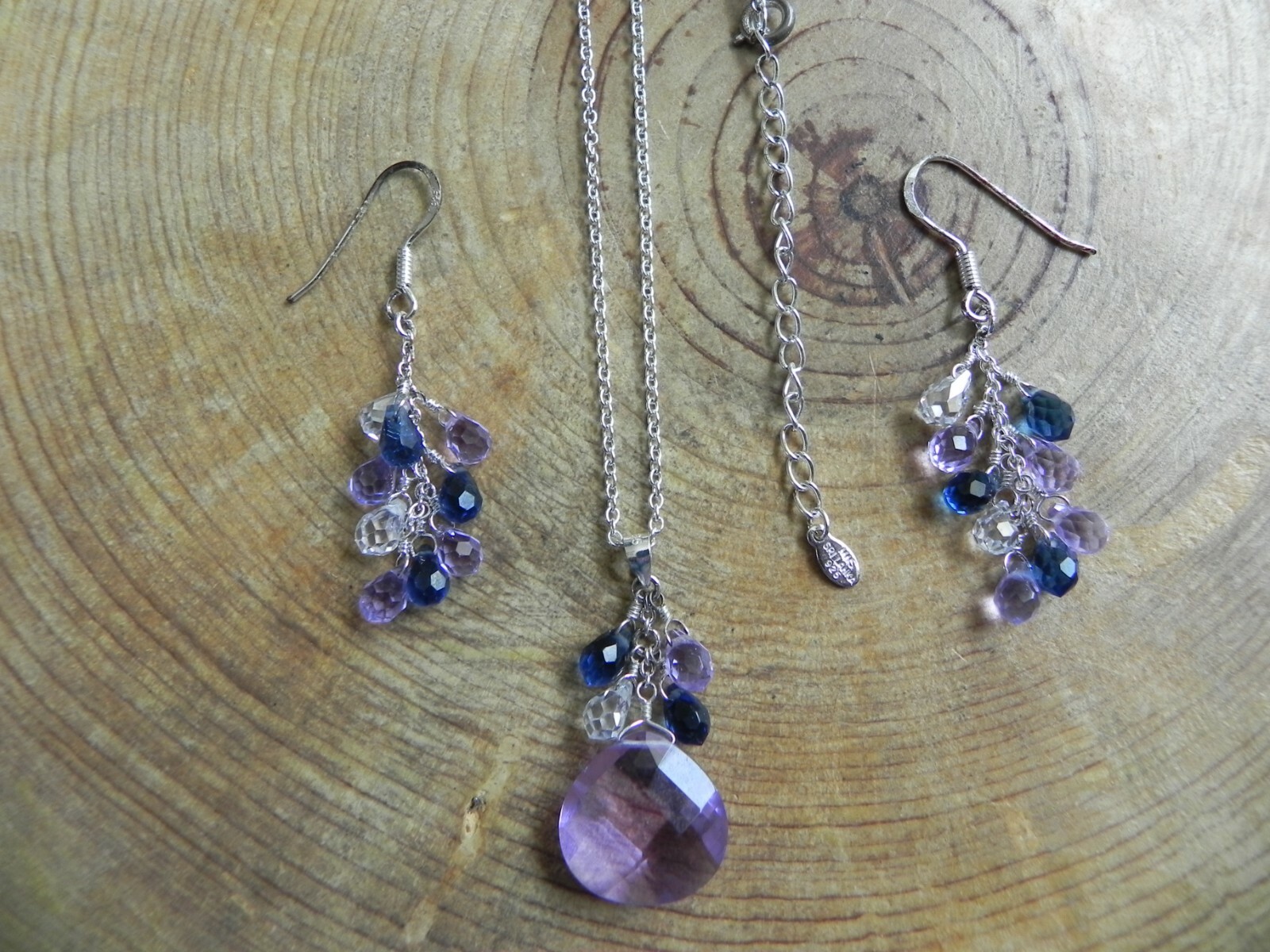 Sterling Silver Purple & Blue Crystal Pendant Necklace & Earrings SET by MWS