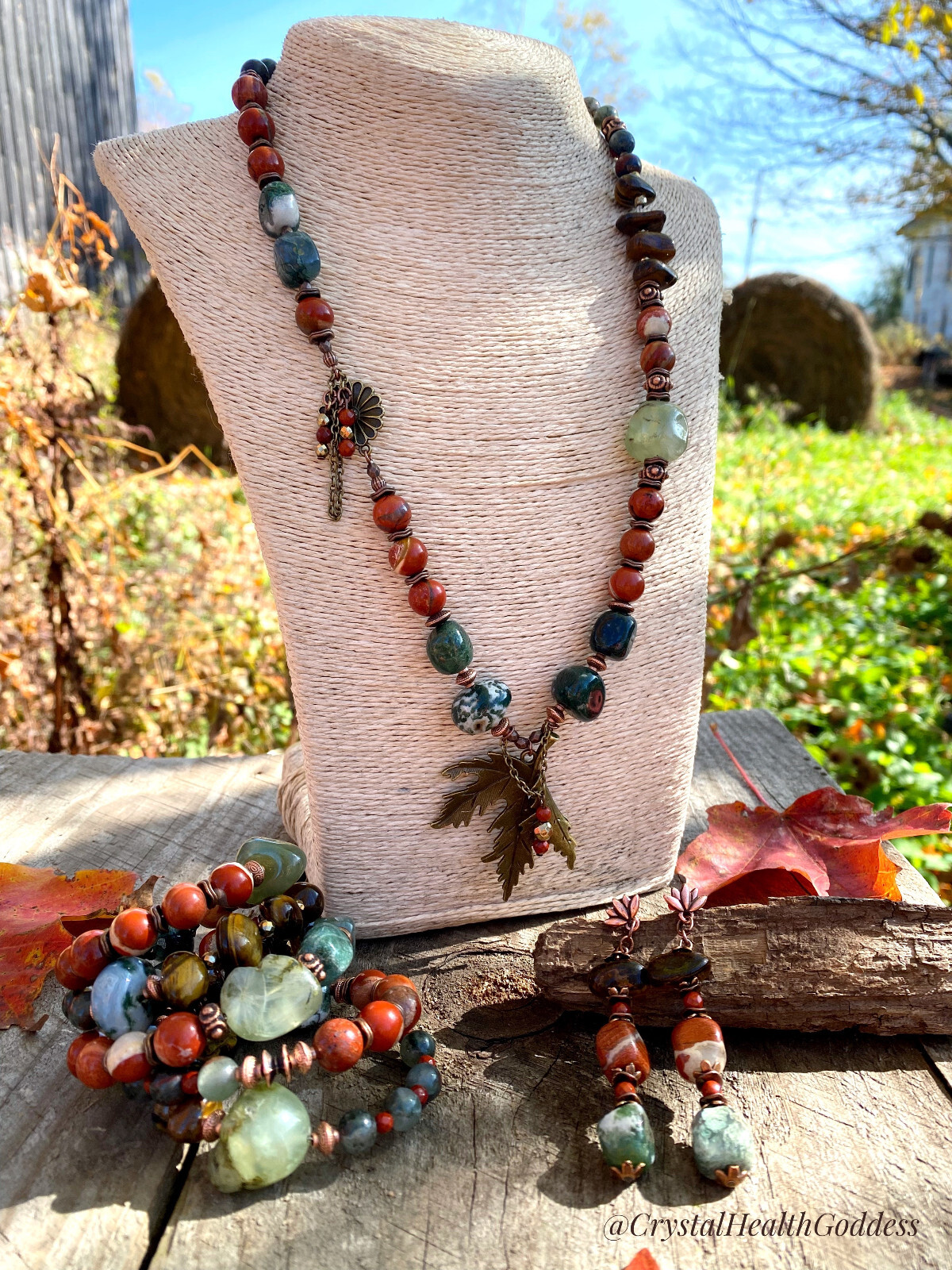 Red Autumn Multi-Gemstone Statement Jewelry Set Necklace + Bracelet + Earrings