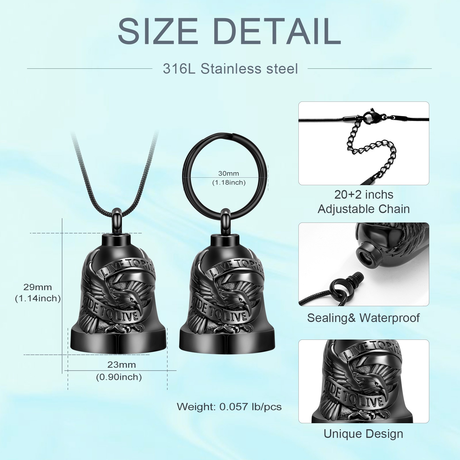 2 Pack Eagle Love Cremation Keychain / Bell Urn Necklaces for Ashes Ash Pendant