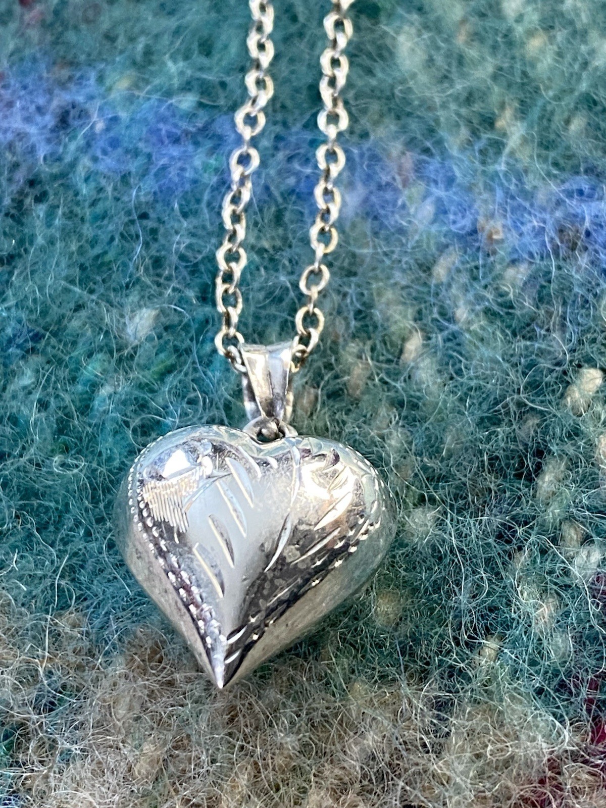 Sterling Silver Vintage Etched Puff Heart Pendant Necklace 3D 18” Retro Love