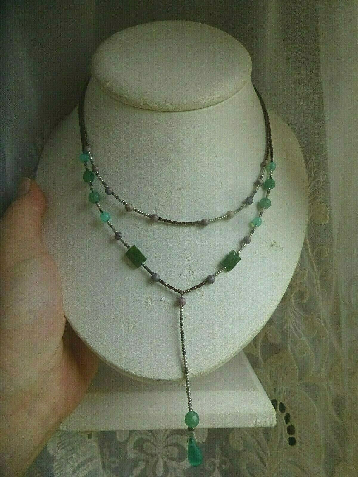 Y Necklace 22″ L Purple Green 2 Strand Gemstones Glass Beads Fancy Toggle Clasp