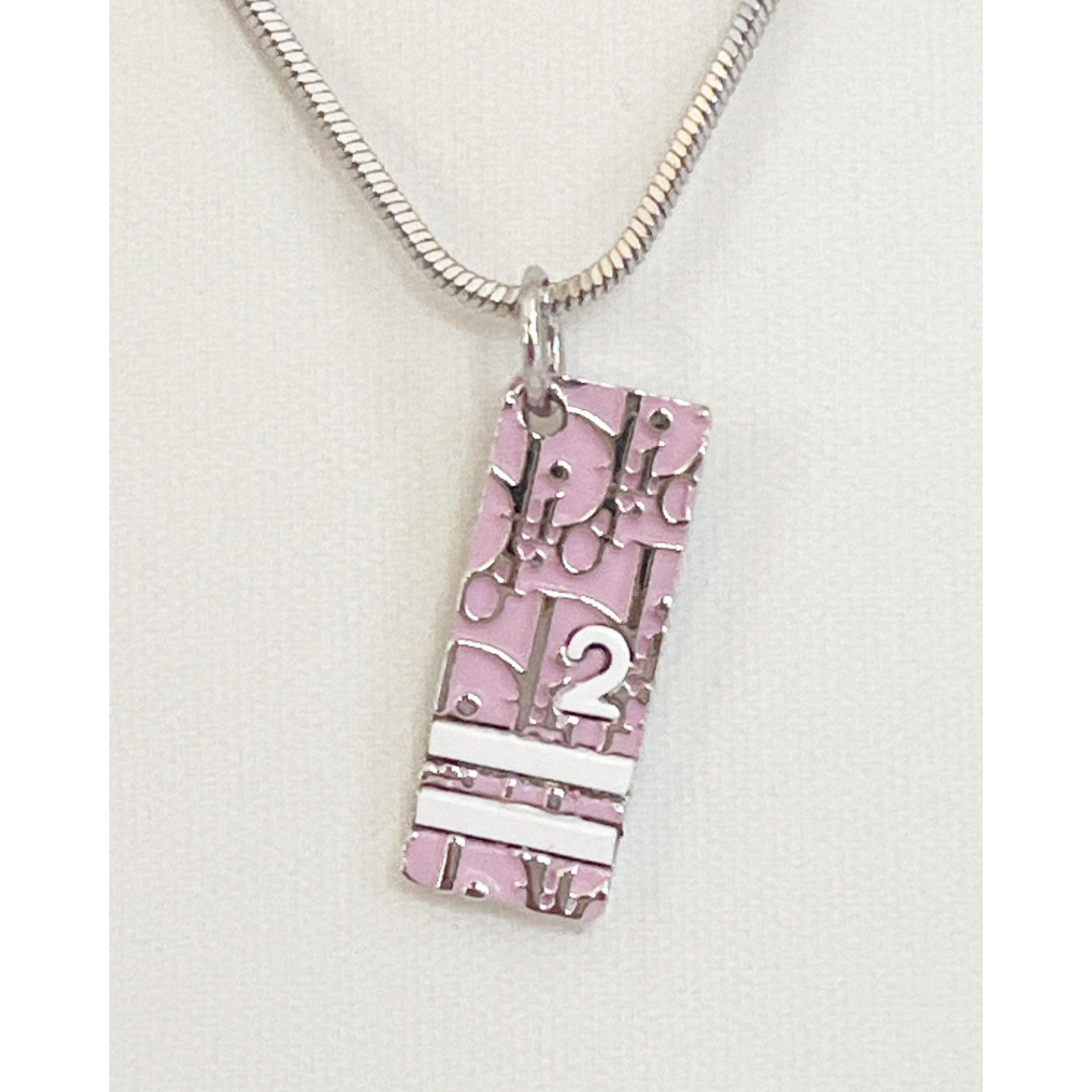 DIOR Oblique Trotter Pendant Necklace Pink #2 Rectangle Bar Womens PreOwned