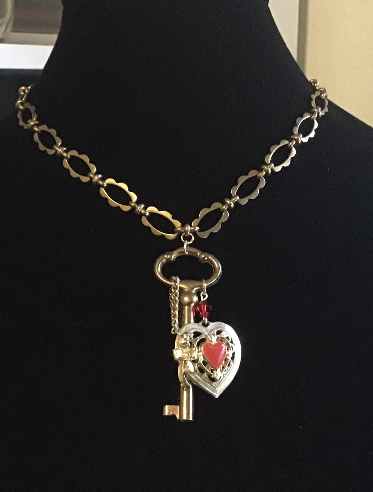 Vintage Skeleton Key Necklace-Heart, Bow Charm,Red Glass Bead, Gold & Brass Tone