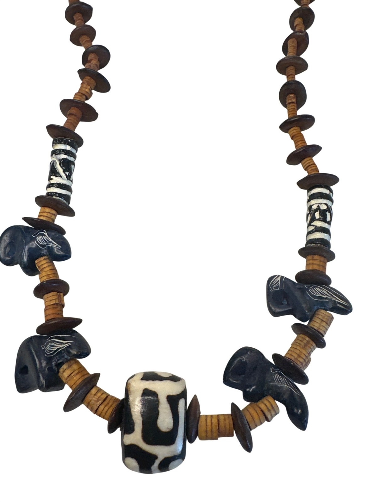 Safari Tribal Beaded Necklace Carved Wood Animal Zebra-Print Bead 12″ Handmade