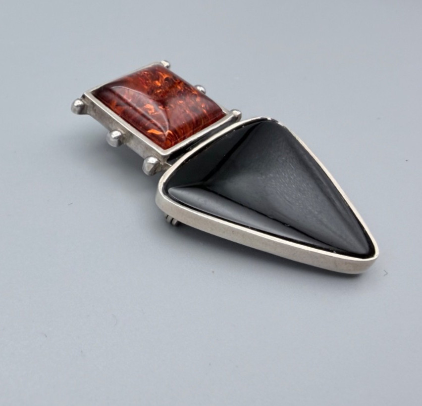 Modernist Sterling Silver Amber Onyx Pendant Brooch Geometric Artisan Studio