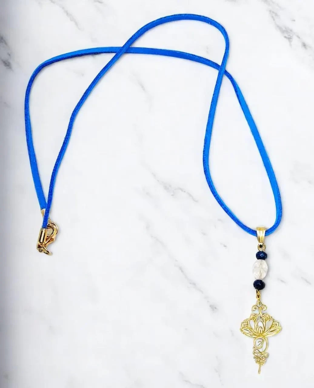Gold Lotus Flower Gemstone Pendant Purple Suede Necklace, Meditation Jewelry