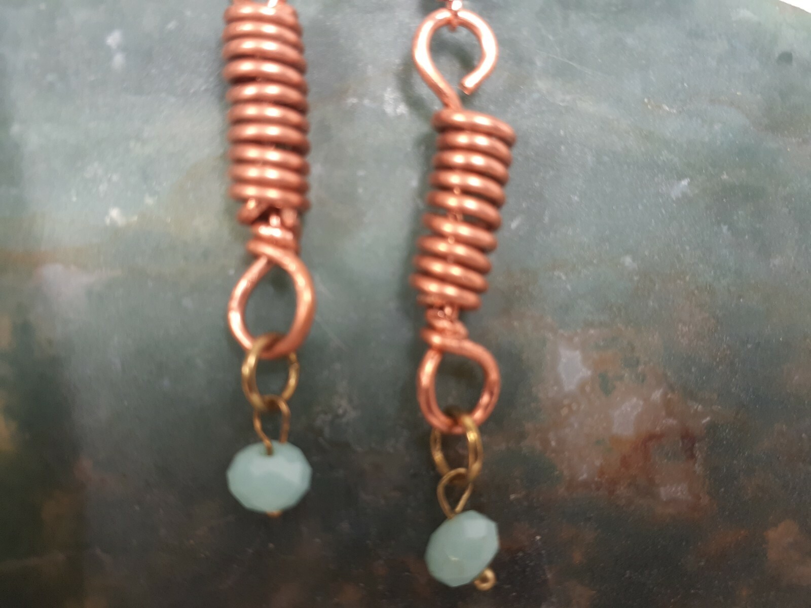 wire coiled copper earrings with light blue glass beads, wire hook, WOW!!!!