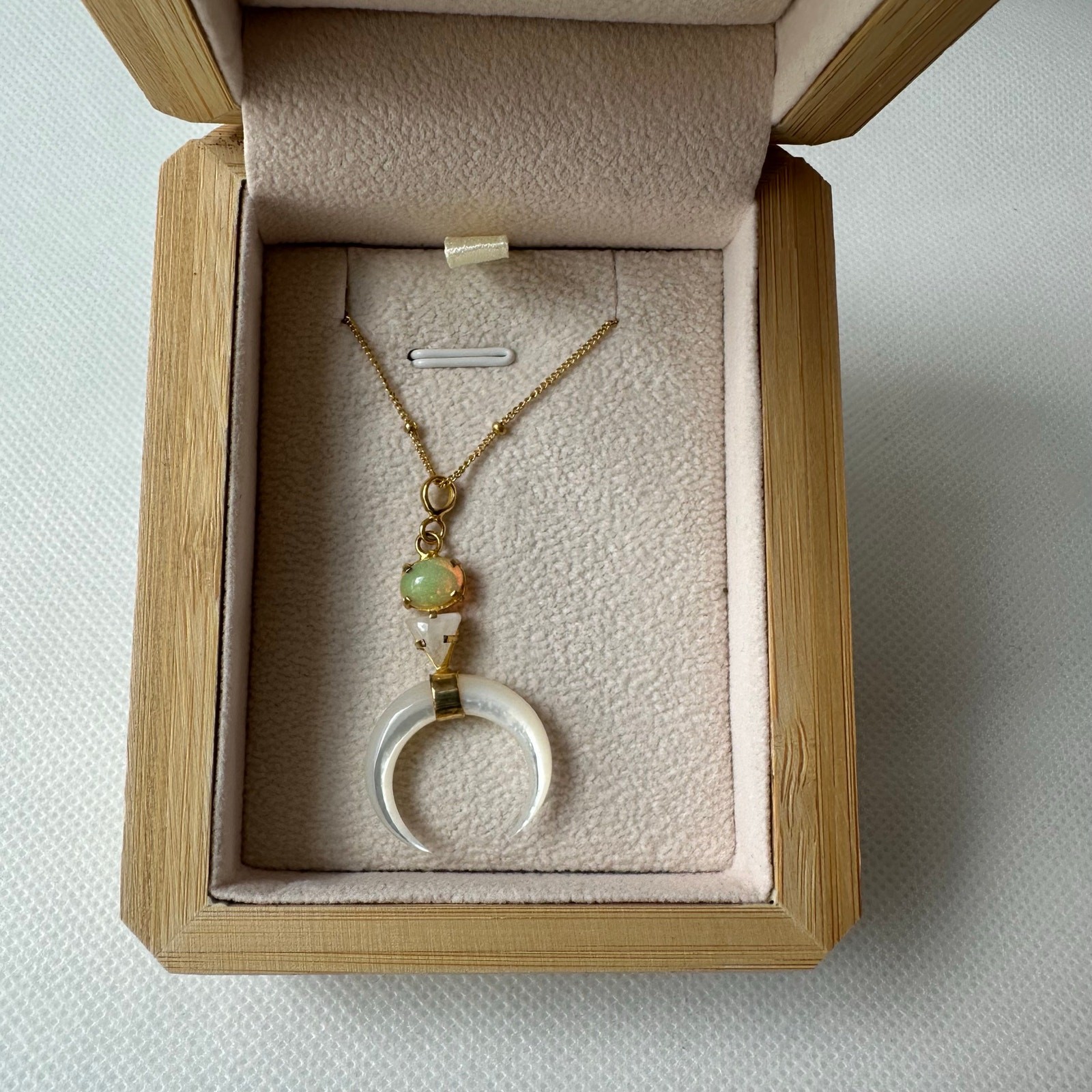 Munay Sacred Jewelry Opal/Mother of Pearl Crescent Moon Necklace 925 Gold Plated