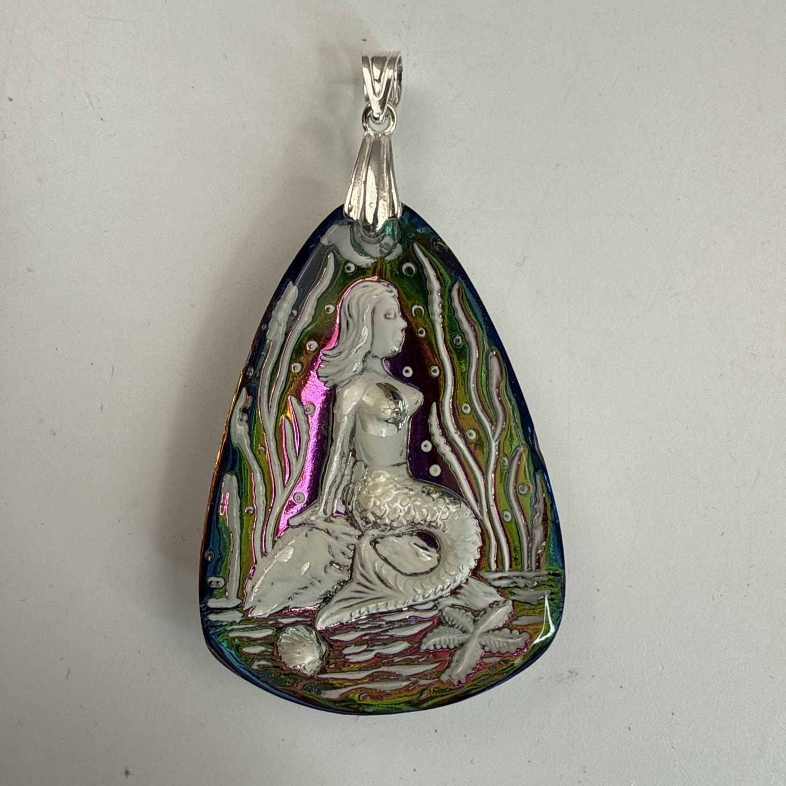 Mermaid Iridescent Glass Pendant With 925 Sterling Silver Bail 1.75”