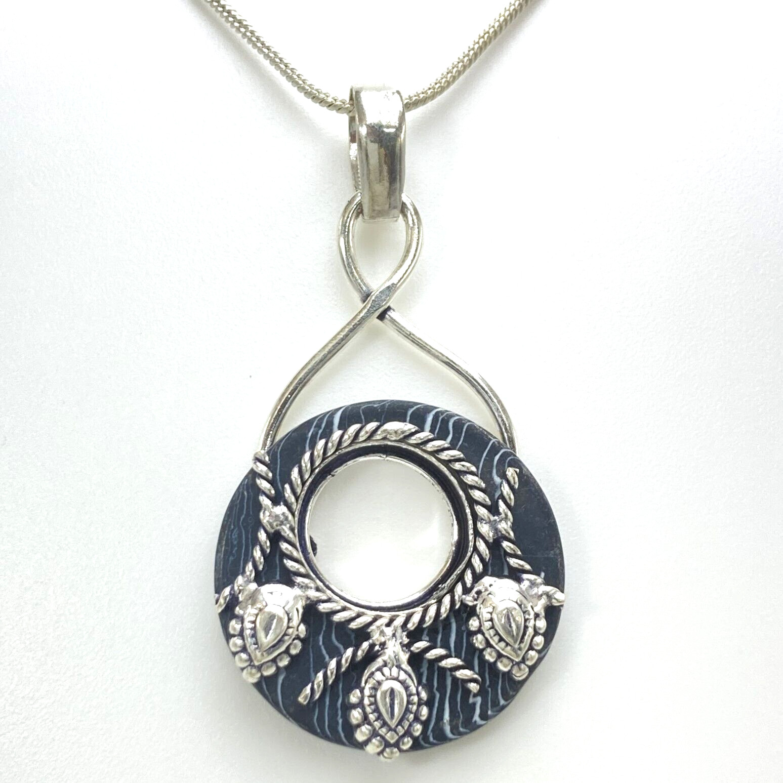 Rainbow Calsilica Pendant Necklace Vintage 925 Sterling Silver 2.2″ FREE CHAIN