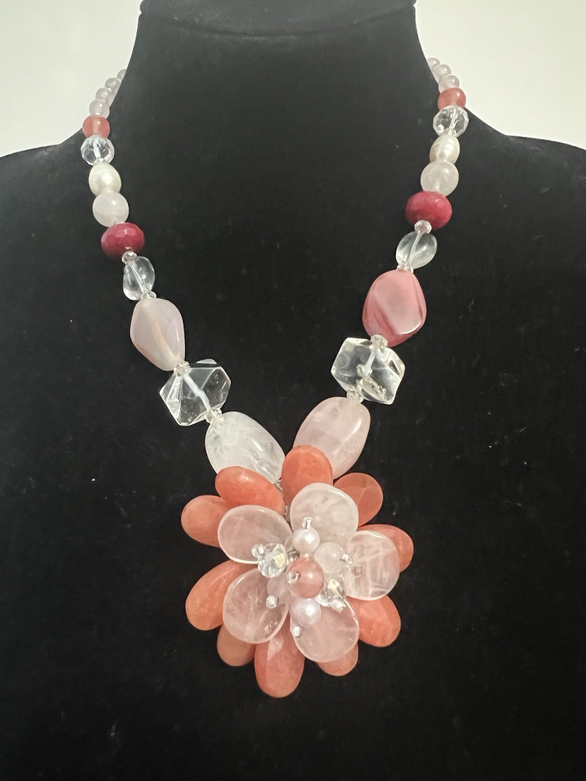 Semi-Precious Gemstone Genuine Cultured Pearl rose quartz etc. Necklace 14”~17”