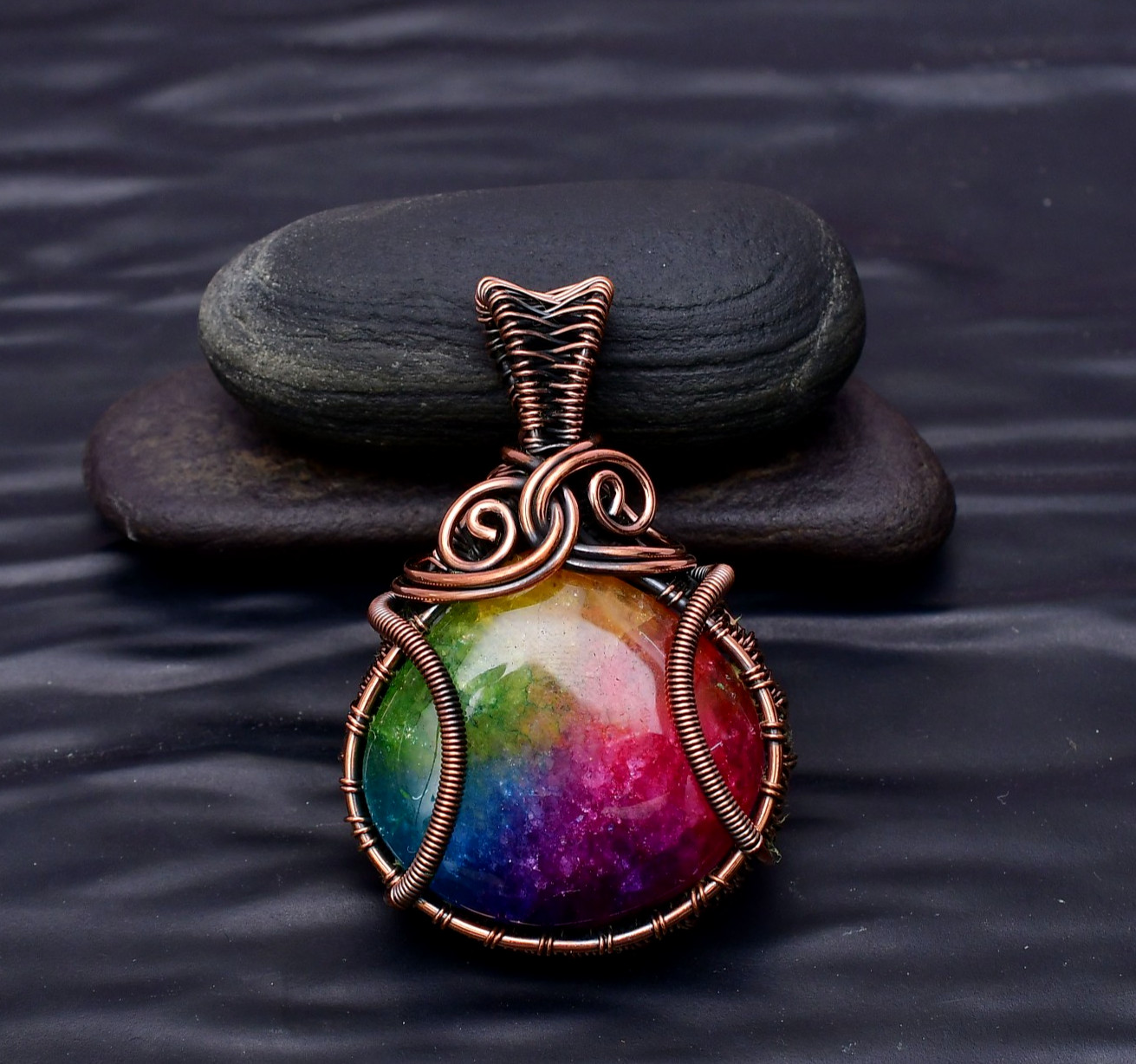 Awesome Solar Quartz (Lab-Created) copper wire wrapped Handmade pendant 2.00″