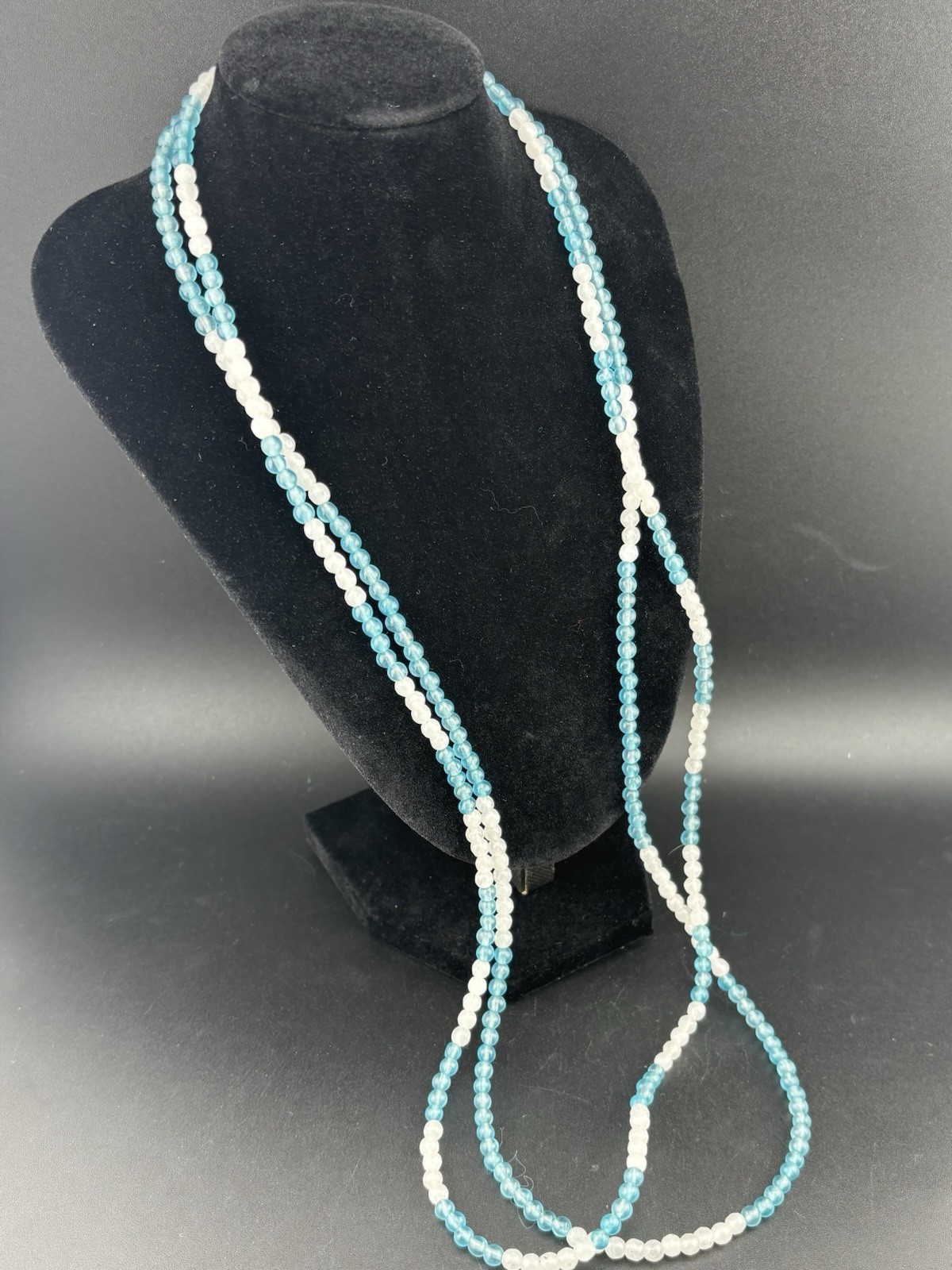 Blue And White Quartz Gemstone Beaded Two Strand 28′ VTG ADJ Artisan Necklace