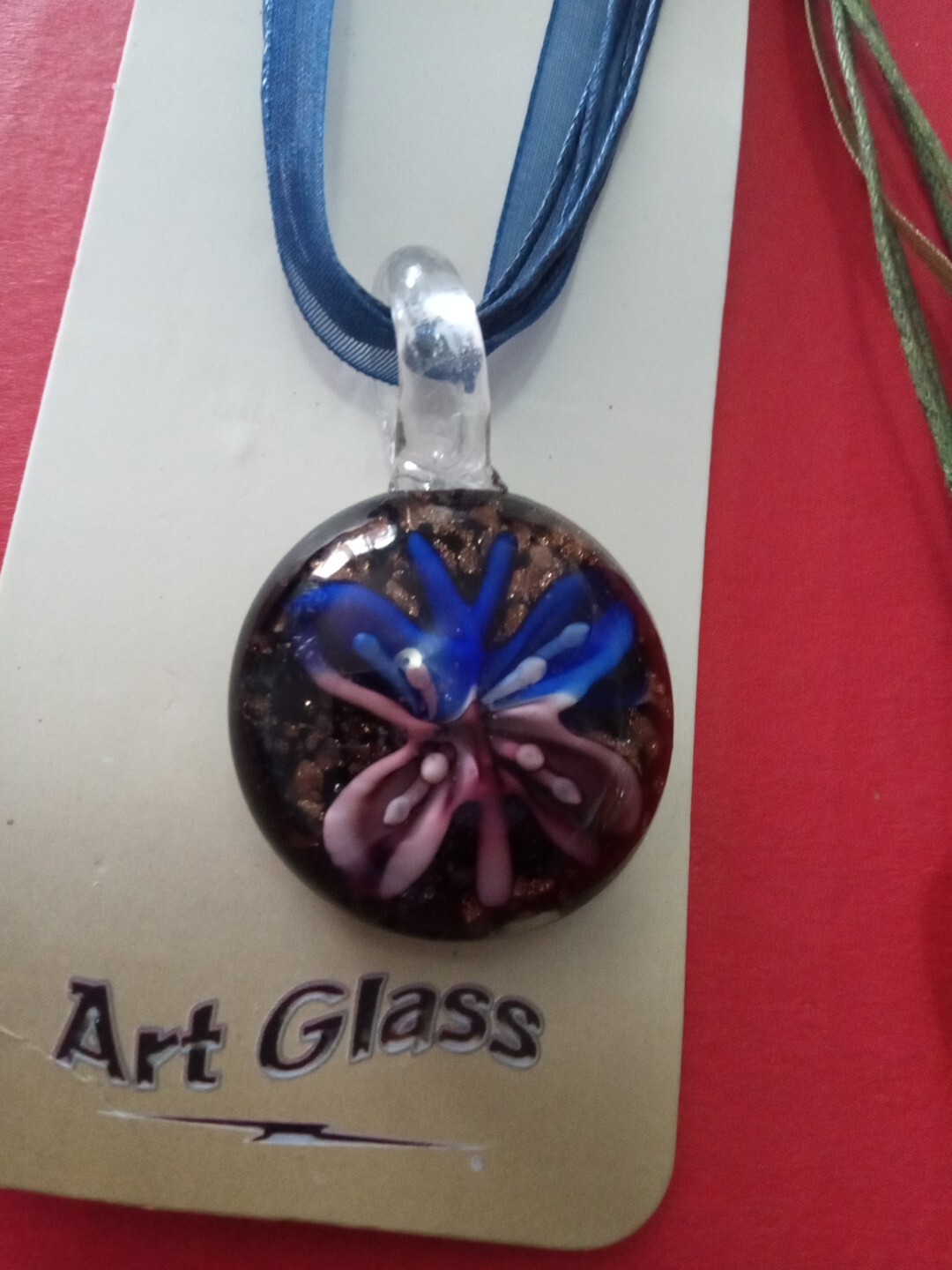 Three (3) Art Glass Necklace Pendant Handcraft Cord 18″ Starfish Bfly Flower