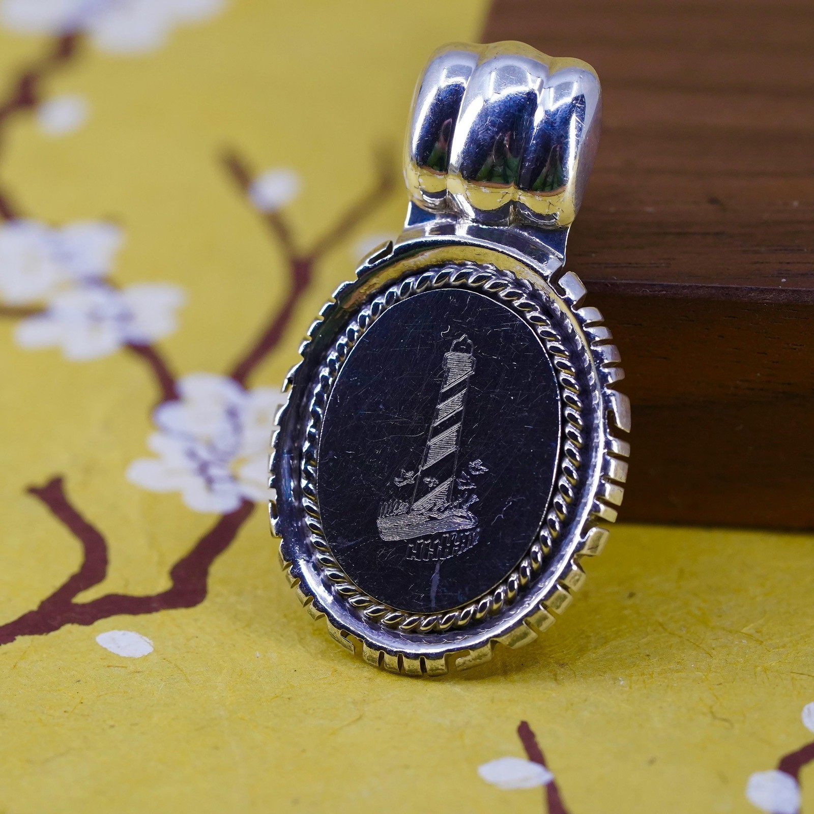 southwestern sterling silver pendant, 925 pendant engraved lighthouse cable
