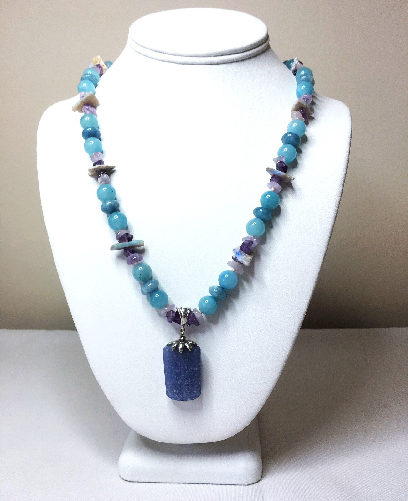 Multi-Gemstone Handmade Knotted Necklace with Pendant, Sterling Silver, 30″ long