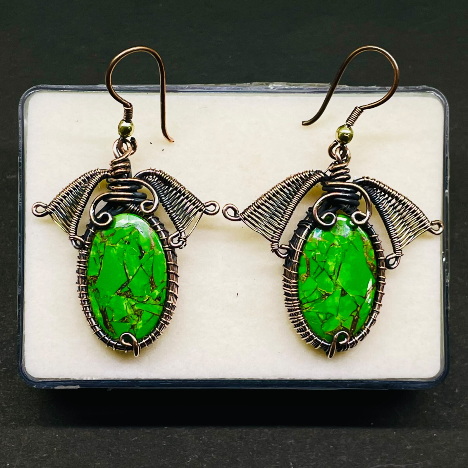 Natural Green Turquoise Gemstone Copper Wire Wraped Handcrafted Earrings 40x19mm