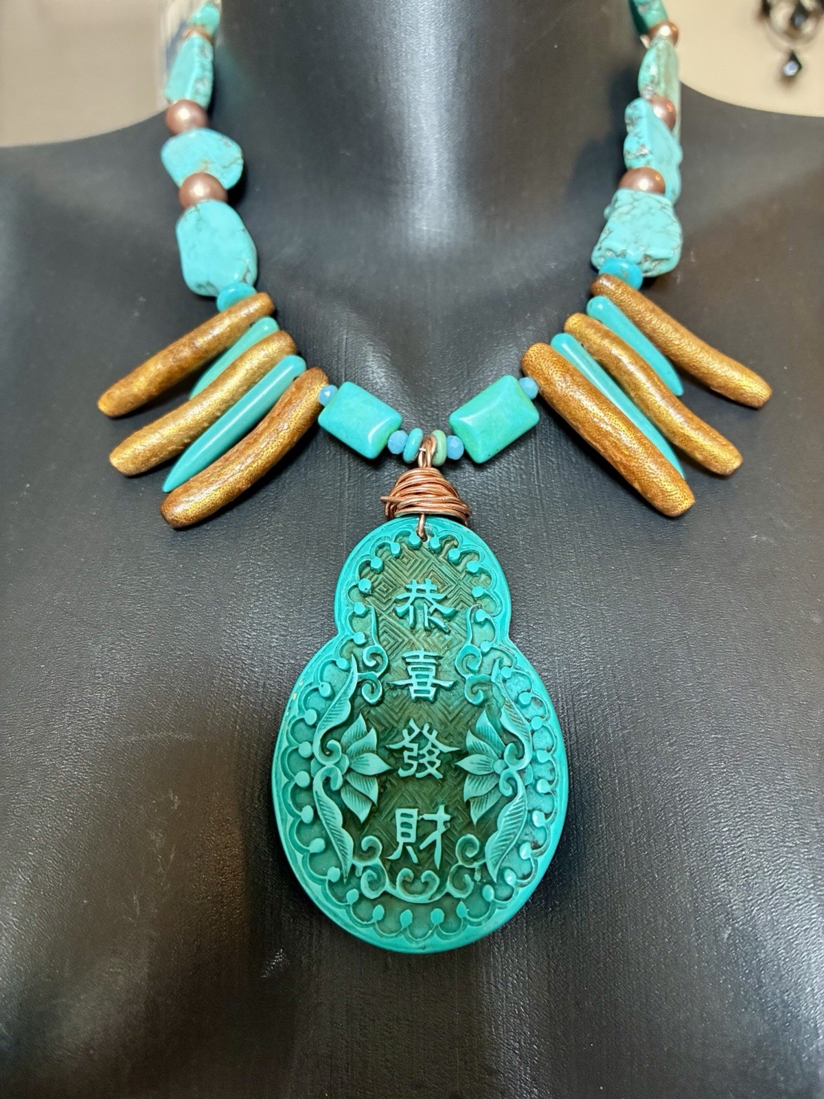 Wire Wrapped Asian Pendant, Coral, Turquoise Sticks, Slab Turquoise Necklace