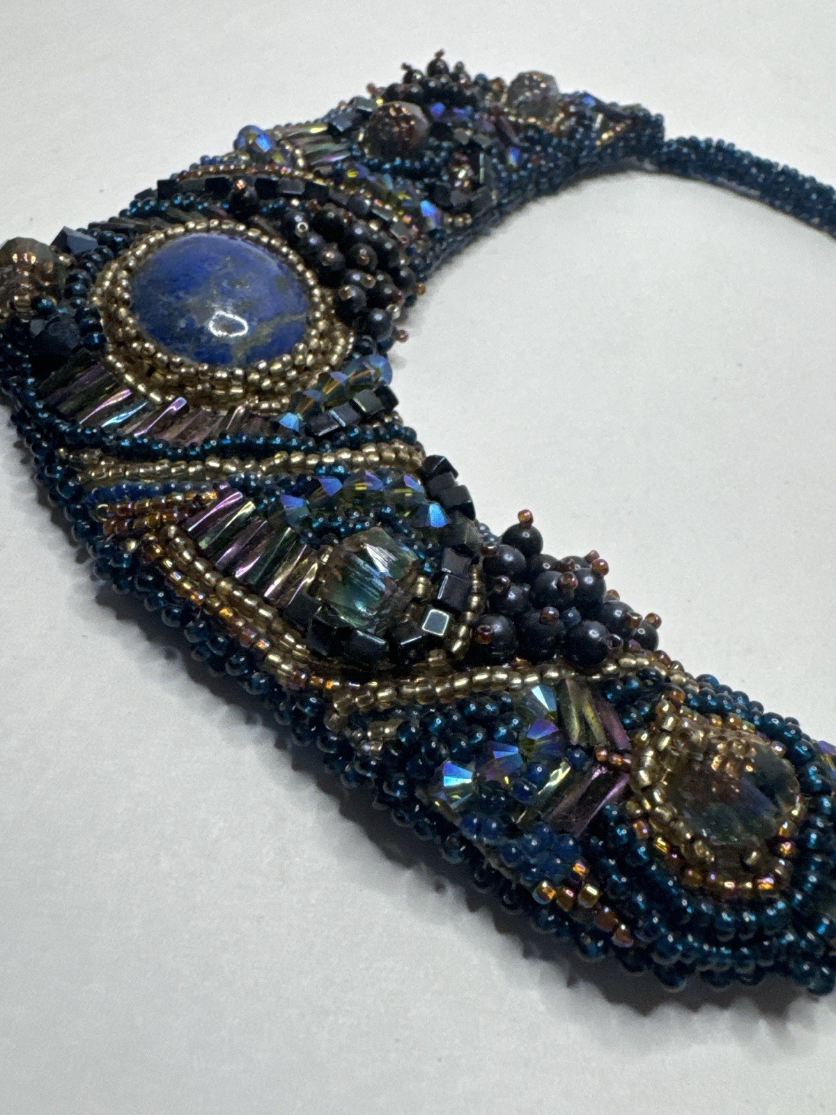 Handmade Beaded Statement Necklace Lapis Lazuli Style Stones Suede Back Vintage