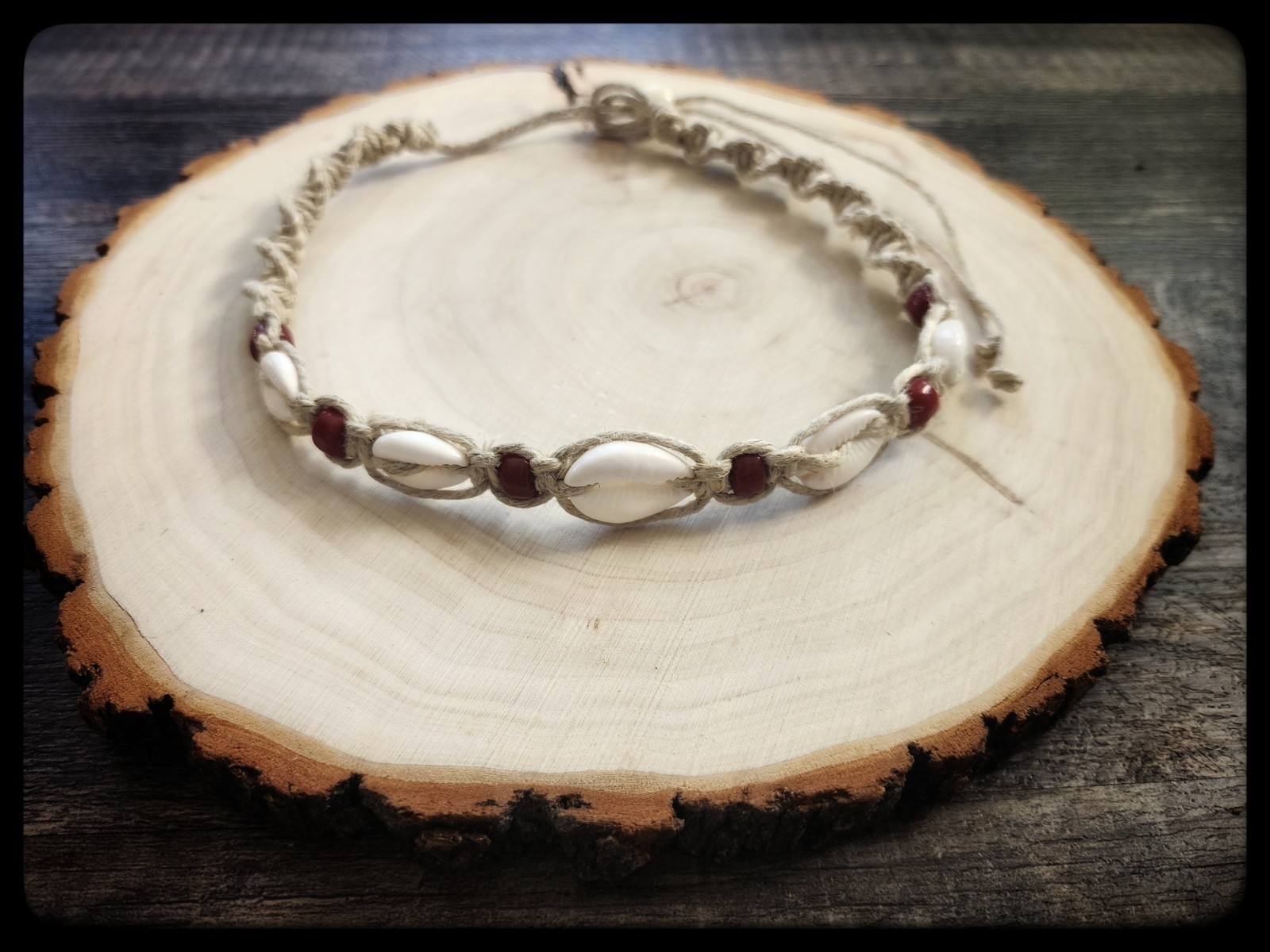Cowrie Shell Hemp Necklace / Choker with Red Glass Beads