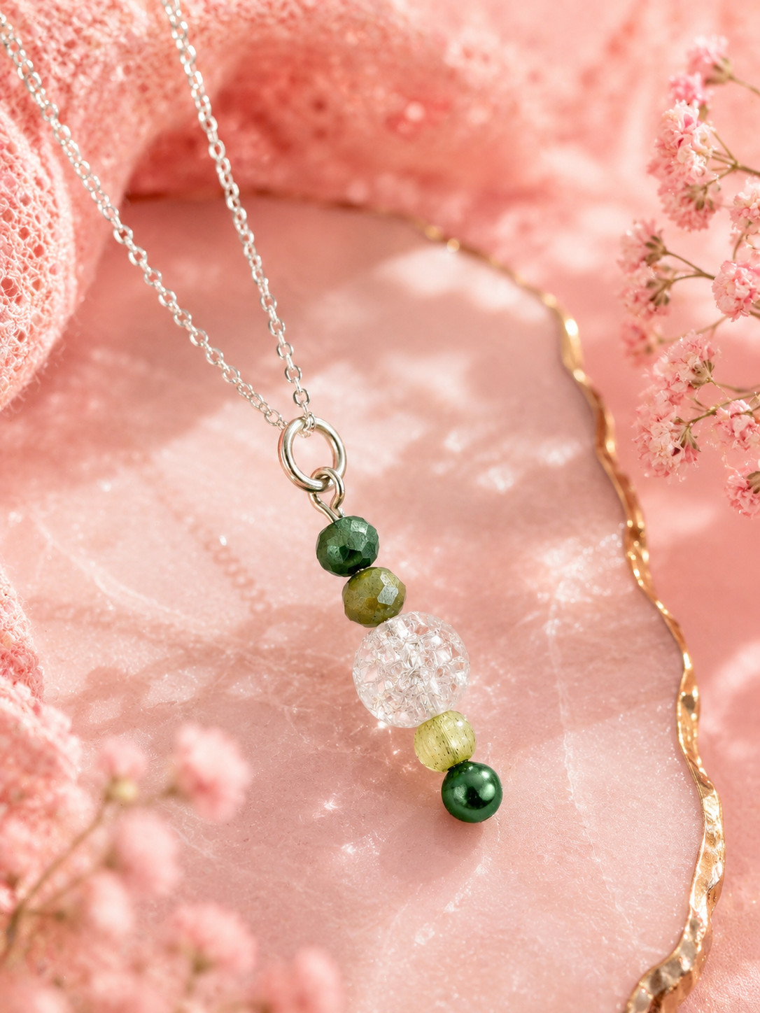 Ice Crackle Clear and Green Glass Pendant Necklace