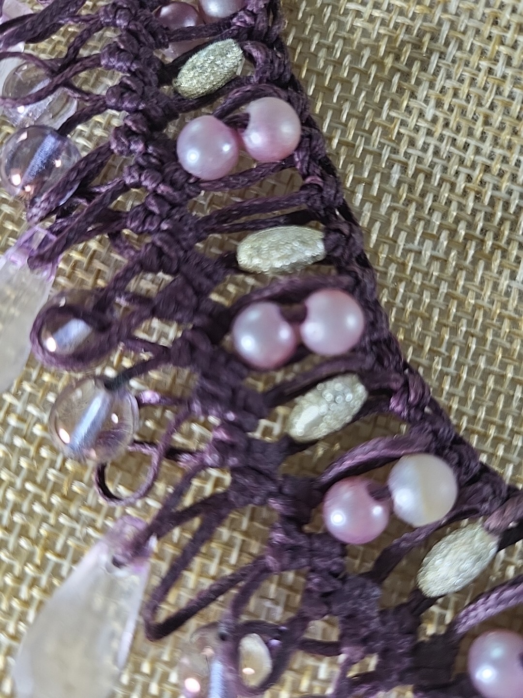 Vntg Artisan Made Purple Crochet Boho Beaded Bib Necklace