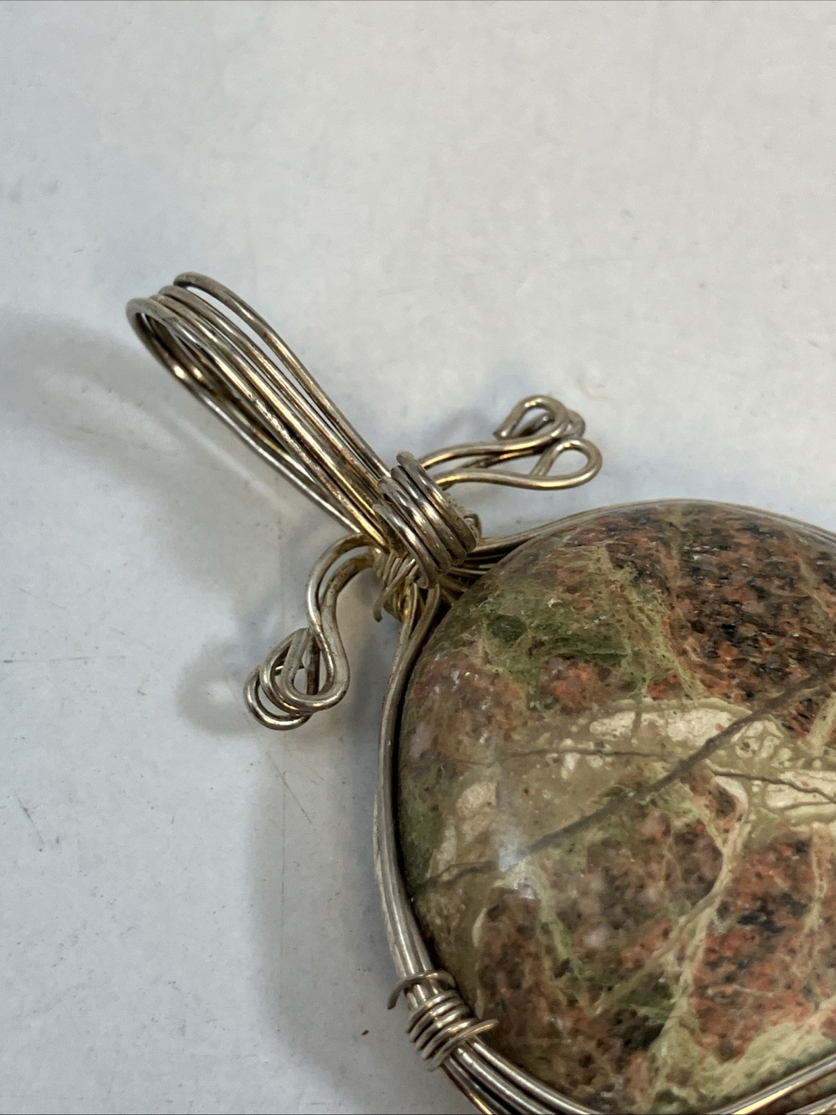 Silver Wire Wrapped Polished Unakite Jasper Pendant