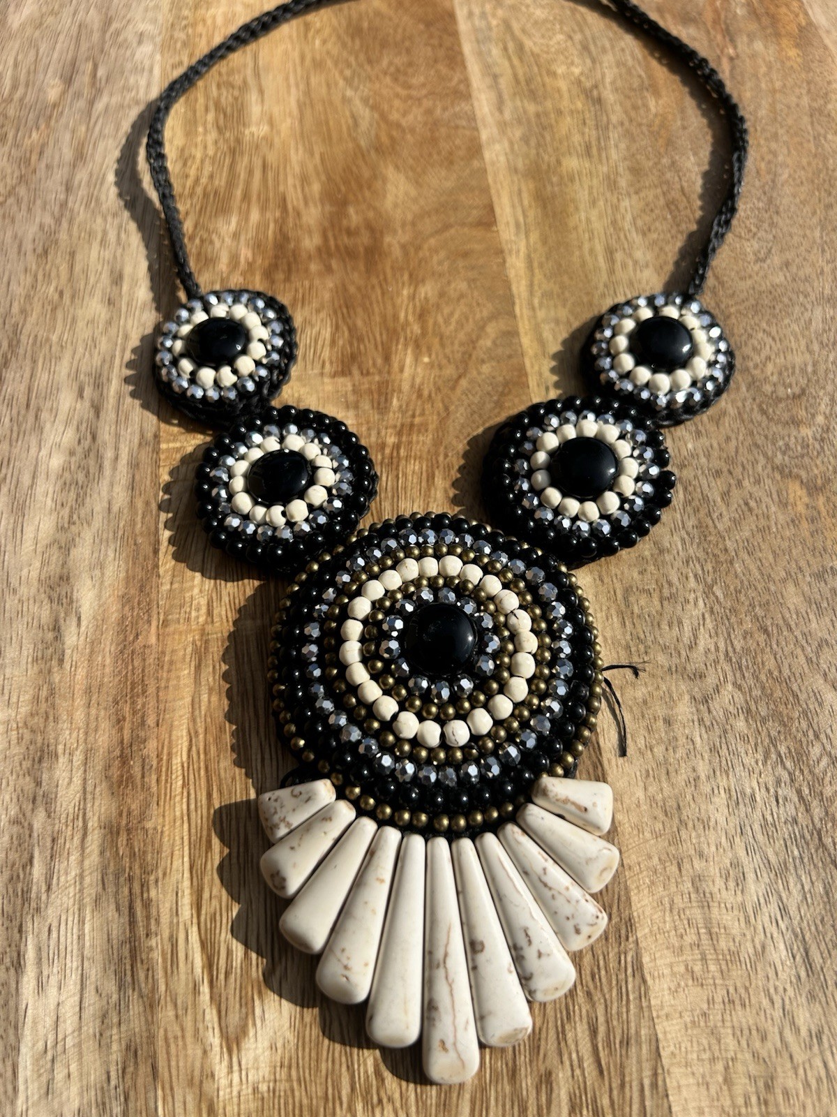 Black White Beaded Statement Necklace Asymmetrical Pendant Button Closure