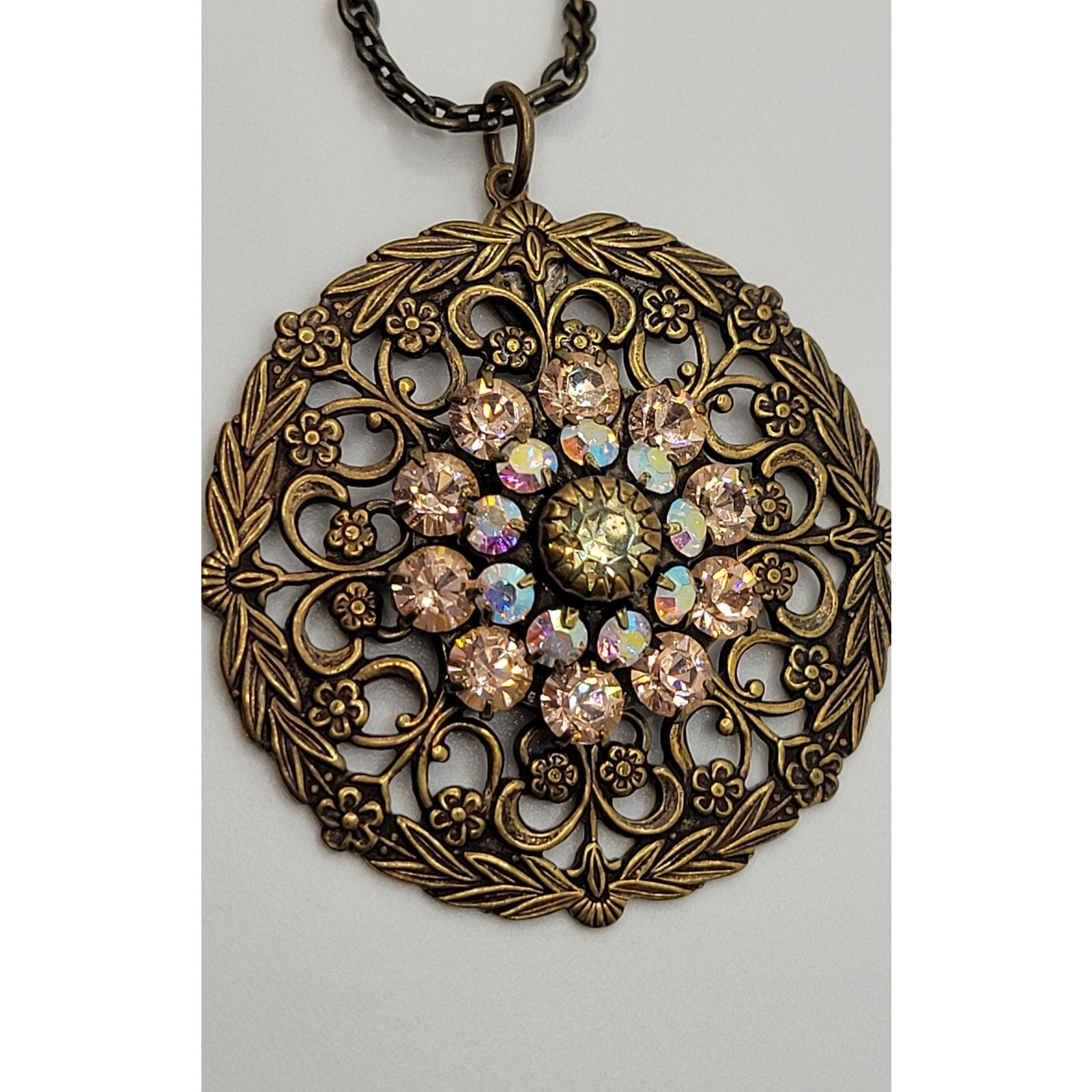 Liz Palacios SF Medallion Pendant Necklace Aurora Borealis Swarovski Crystals