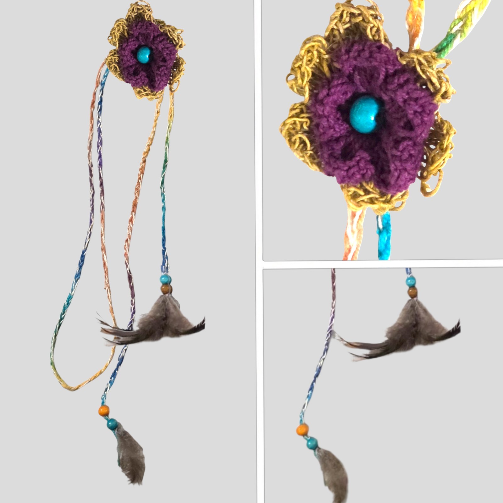 Artisan Crocheted Lariat Necklace Rainbow Fiber Feather Wood Bead Boho Statement