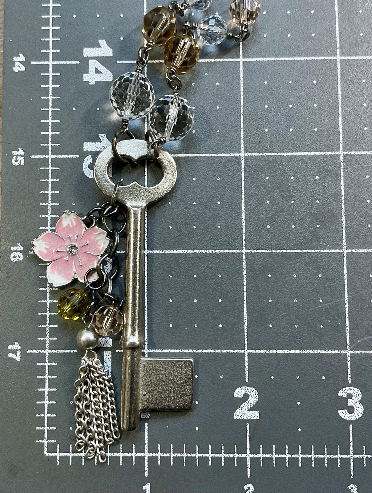 Real Skeleton Key Necklace- Cherry Blossom Charm, Faceted Glass Beads, 28” Chain