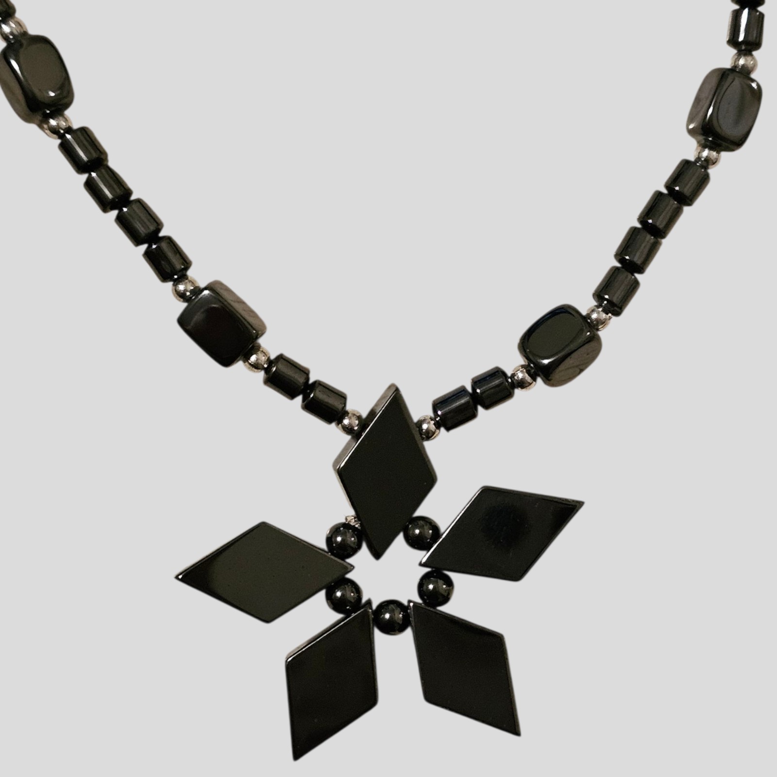Hematite Beaded Necklace Starburst Geometric Pendant Vintage Jewelry 18″