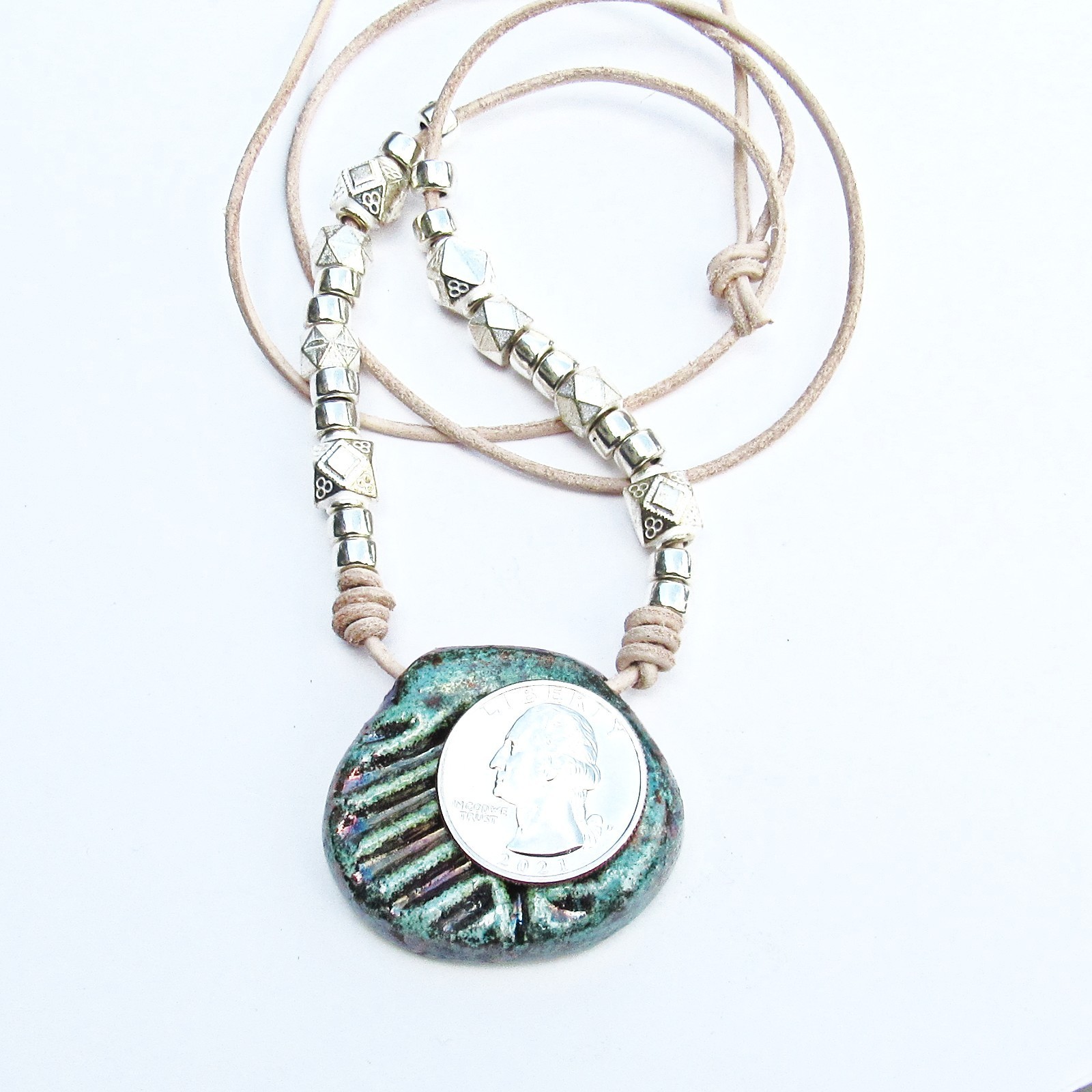 Leather Necklace with Blue Green Pottery Fossil Pendant, Silver Beads, Handmade