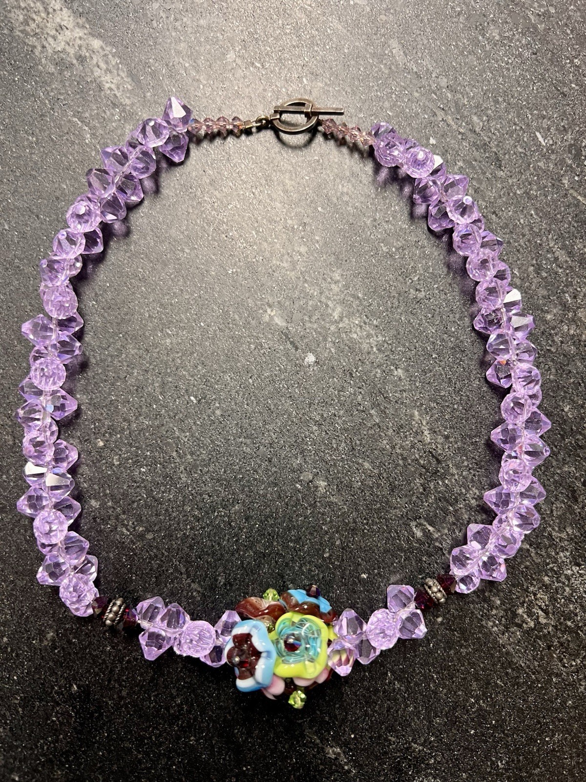 Handcrafted Artisan Purple Glass Beaded Necklace With Hand blown Glass Flowers